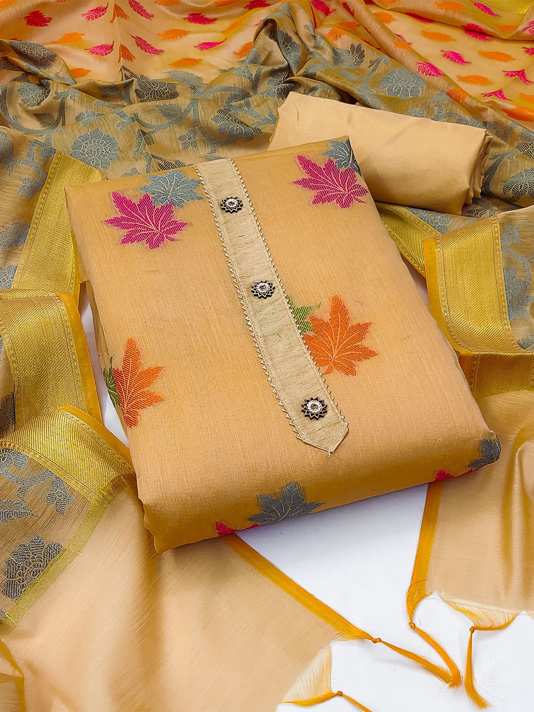 

KALINI Floral Woven Design Banarasi Unstitched Dress Material, Beige