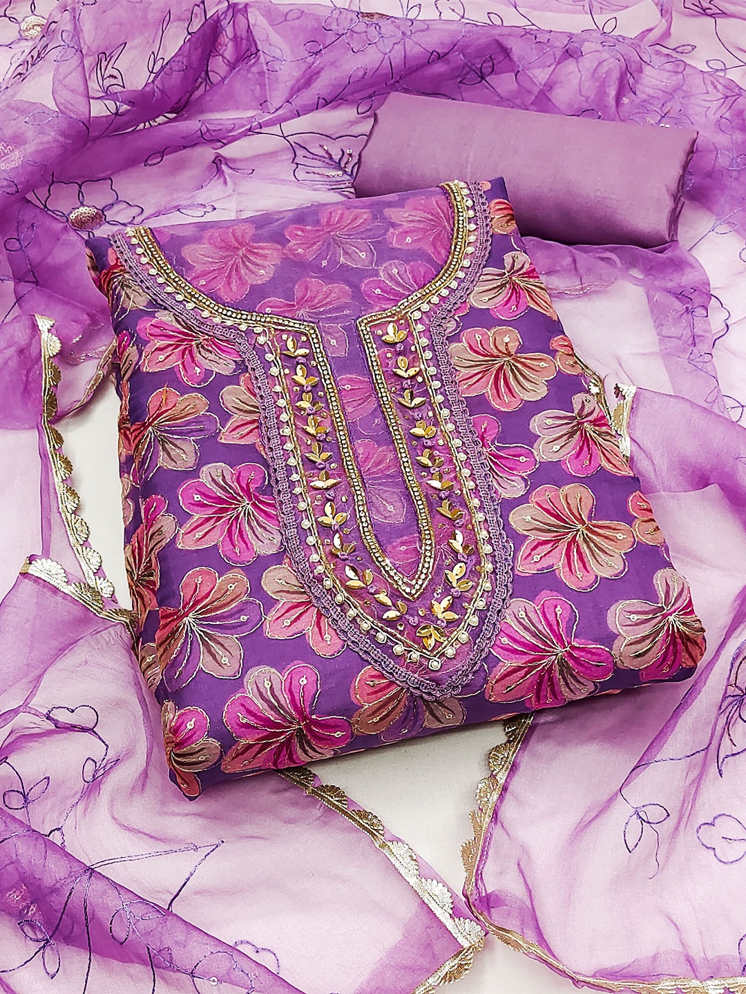 

KALINI Floral Printed Organza Unstitched Dress Material, Purple