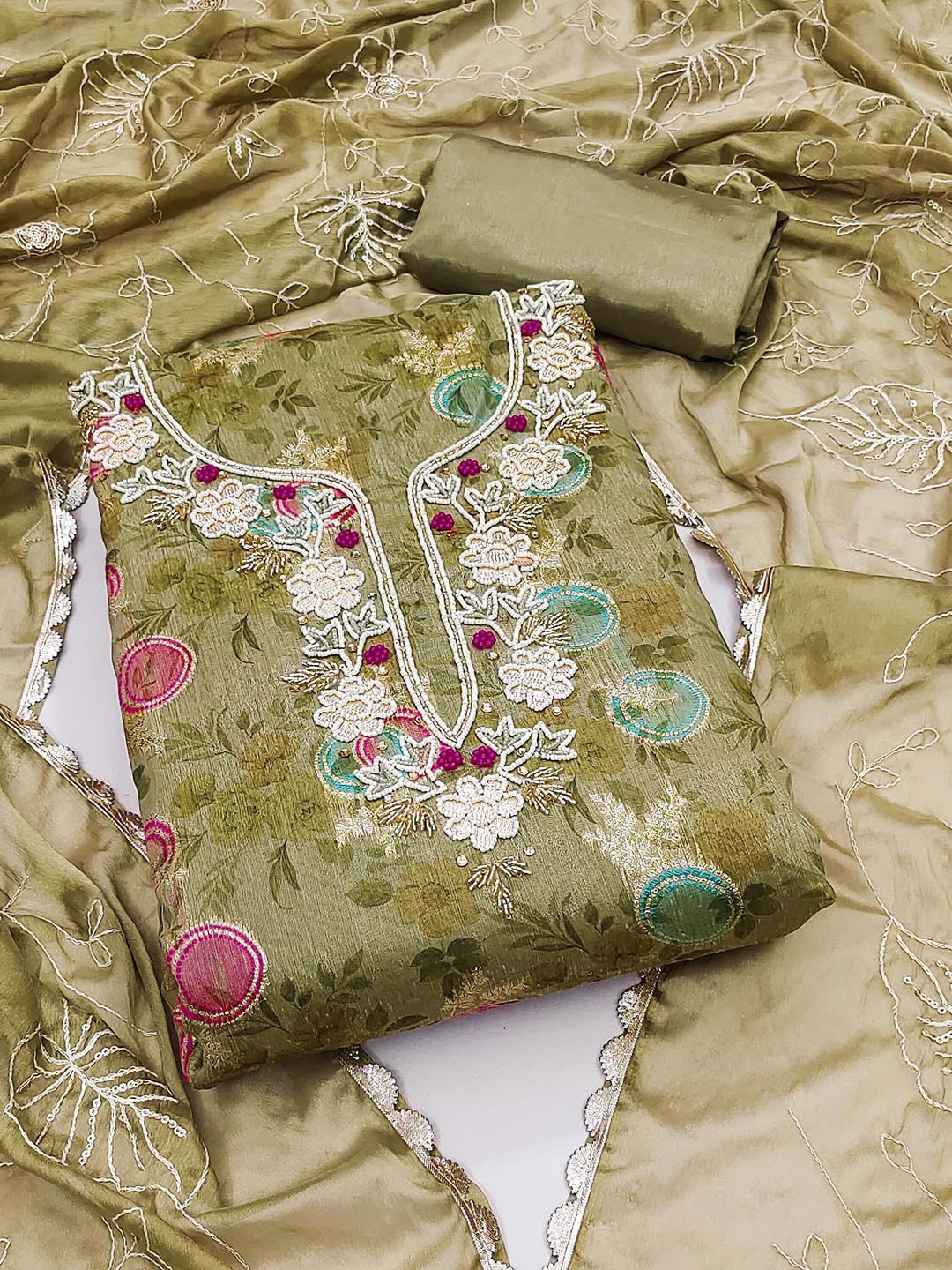 

KALINI Floral Printed Organza Unstitched Dress Material, Green