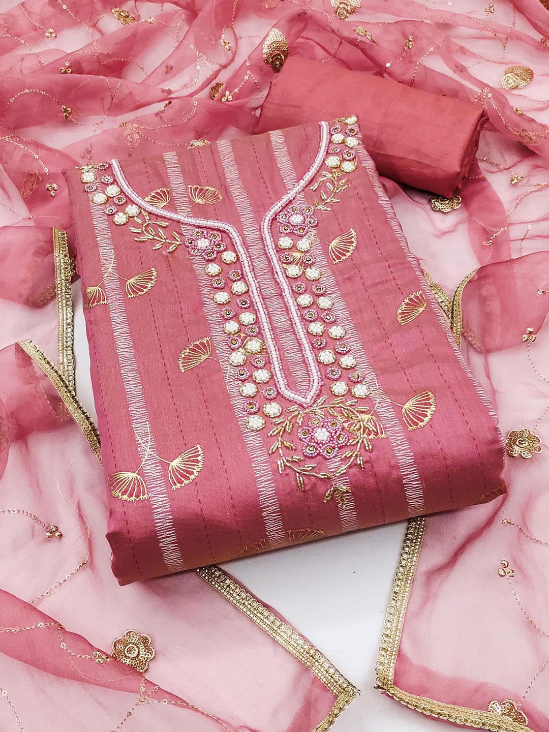 

KALINI Embroidered Unstitched Dress Material, Pink