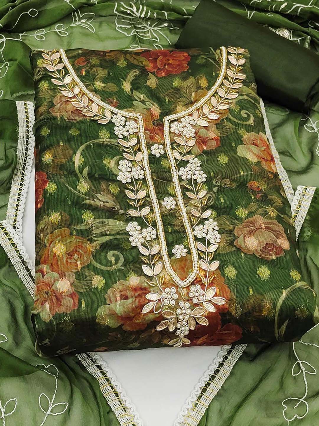 

KALINI Floral Printed Organza Unstitched Dress Material, Green