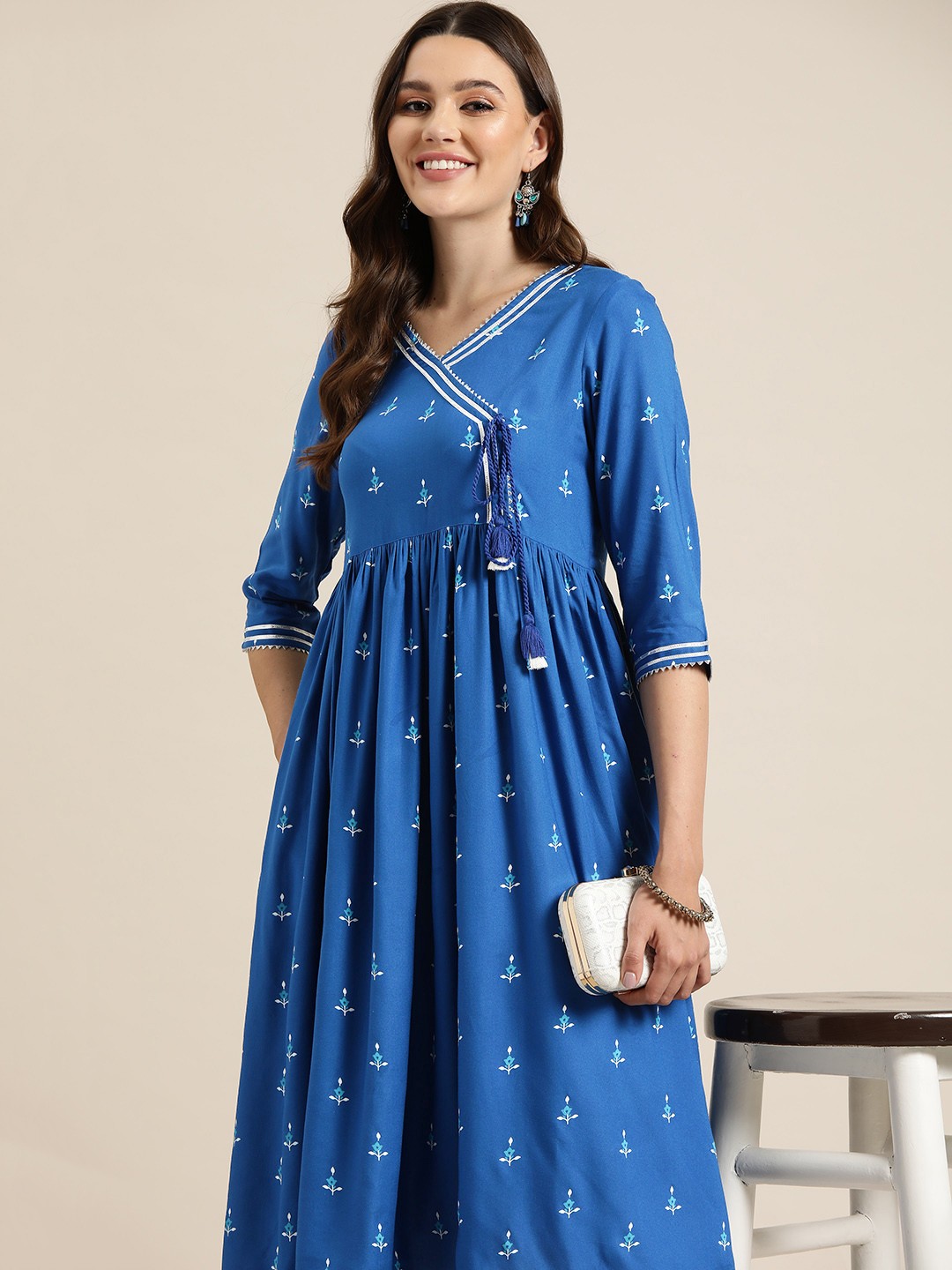 

HERE&NOW Women Floral Printed Angarakha Gotta Patti Kurta, Blue
