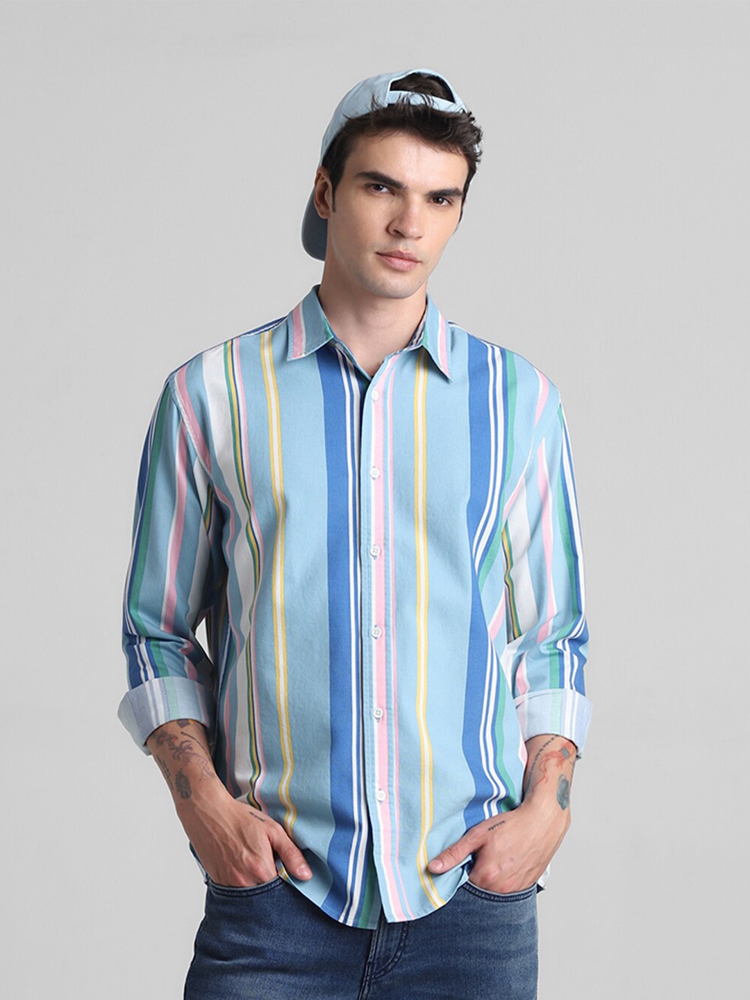 

Jack & Jones Slim Fit Multi Striped Pure Cotton Casual Shirt, Blue