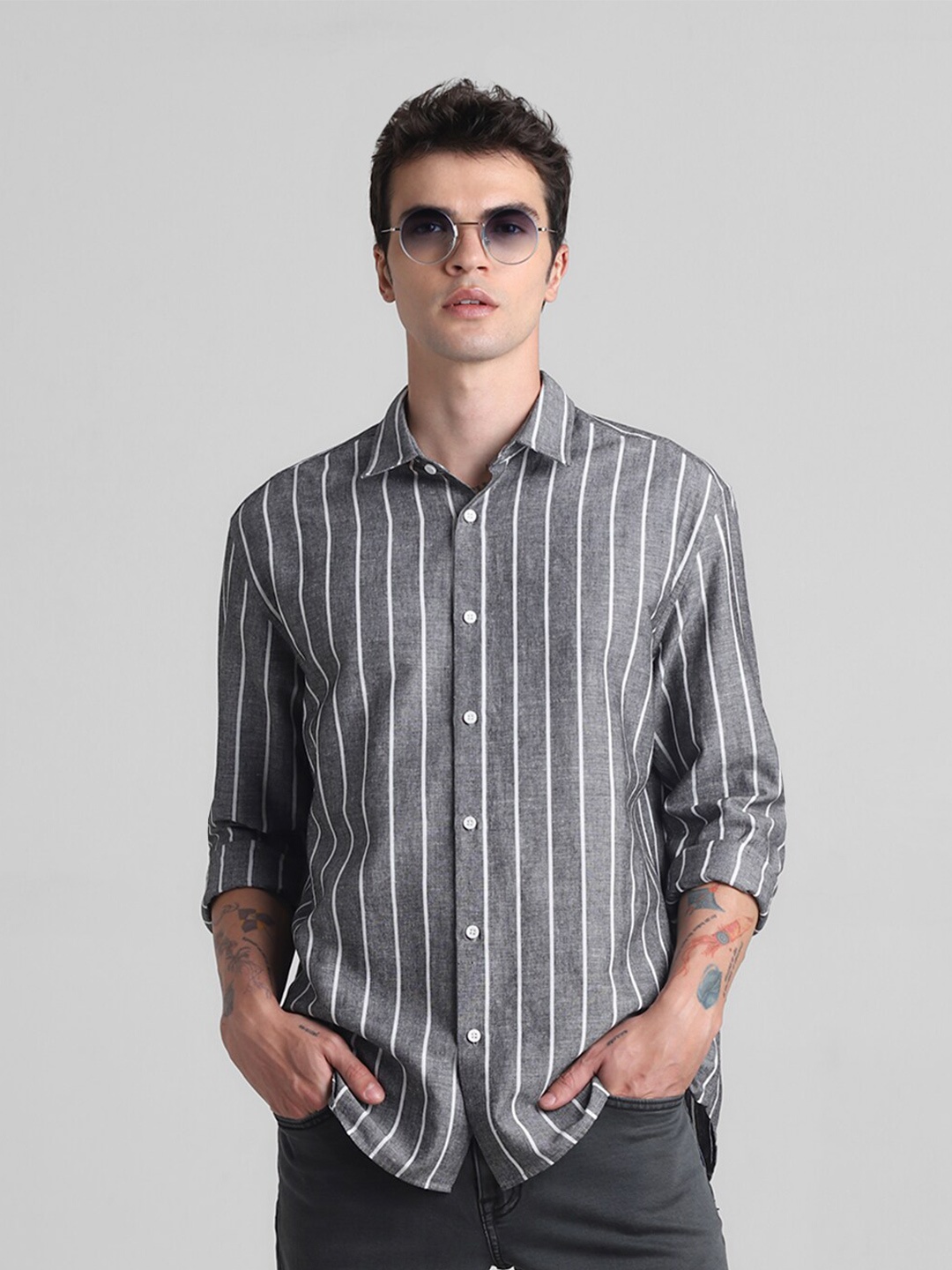

Jack & Jones Striped Cotton Linen Casual Shirt, Grey