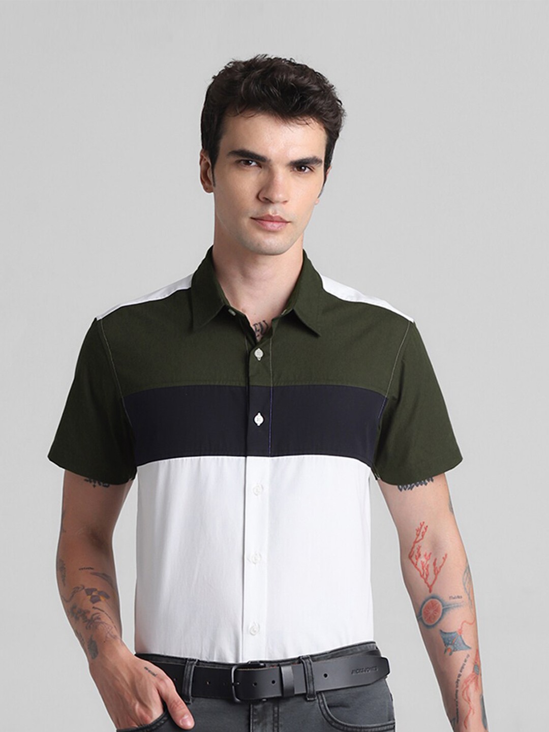 

Jack & Jones Slim Fit Colourblocked Pure Cotton Casual Shirt, White