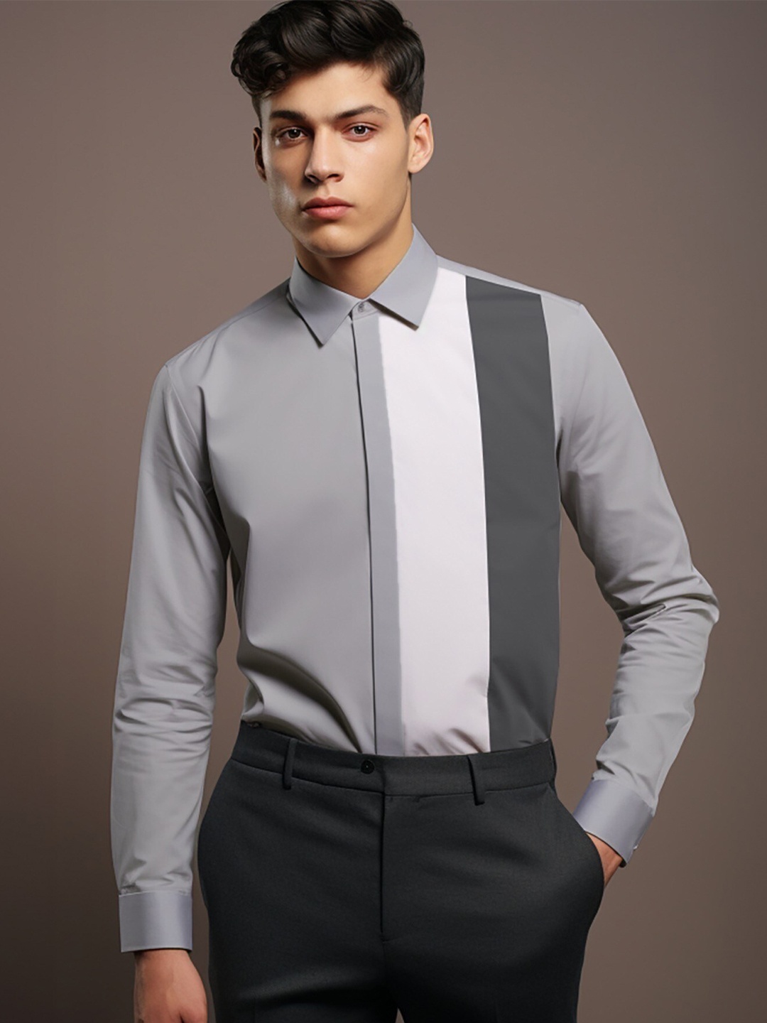 

HE SPOKE Smart Tailored Fit Colourblocked Twill Cotton Formal Shirt, Grey