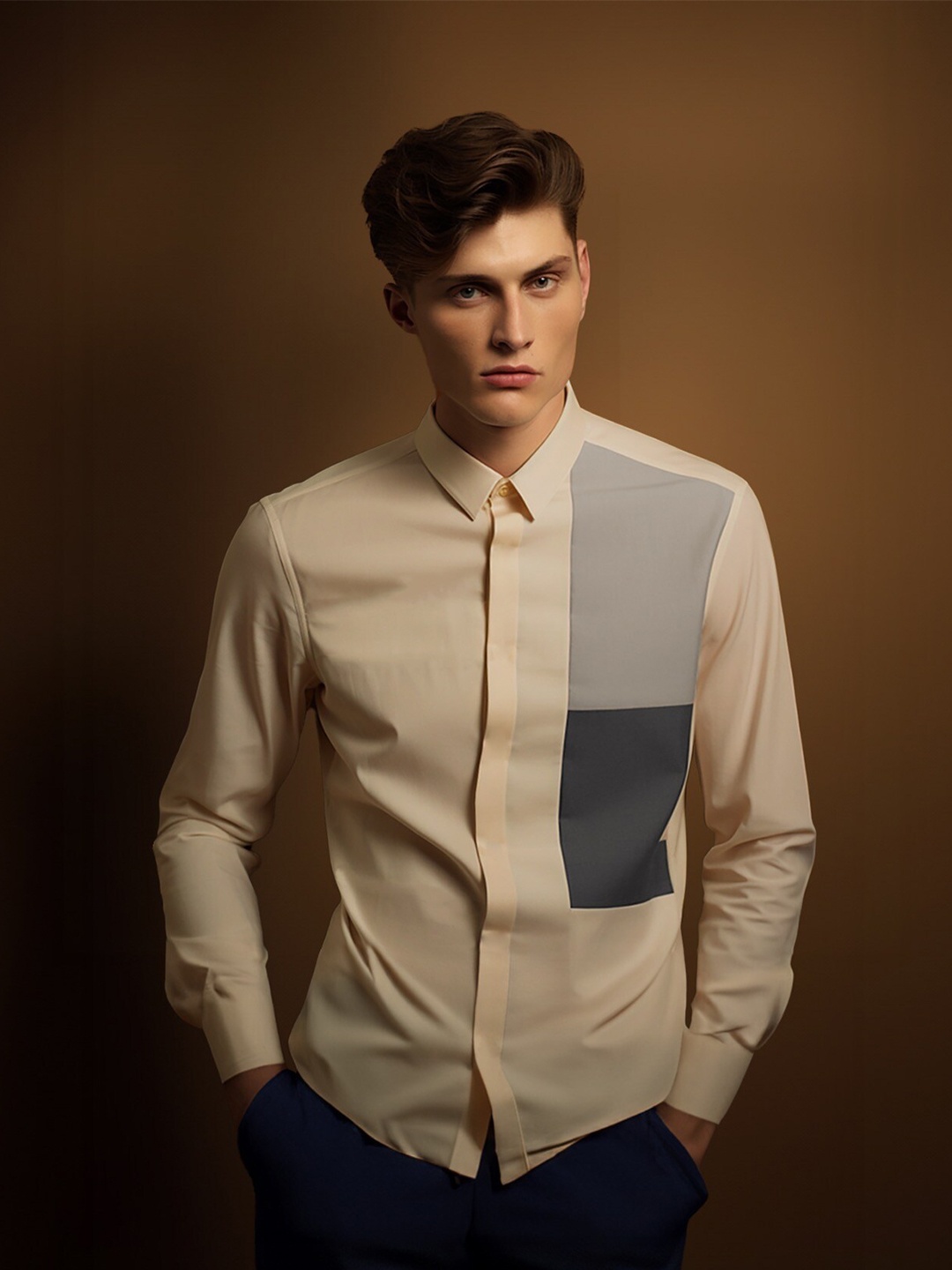 

HE SPOKE Men Smart Tailored Fit Colourblocked Spread Collar Twill Cotton Formal Shirt, Cream