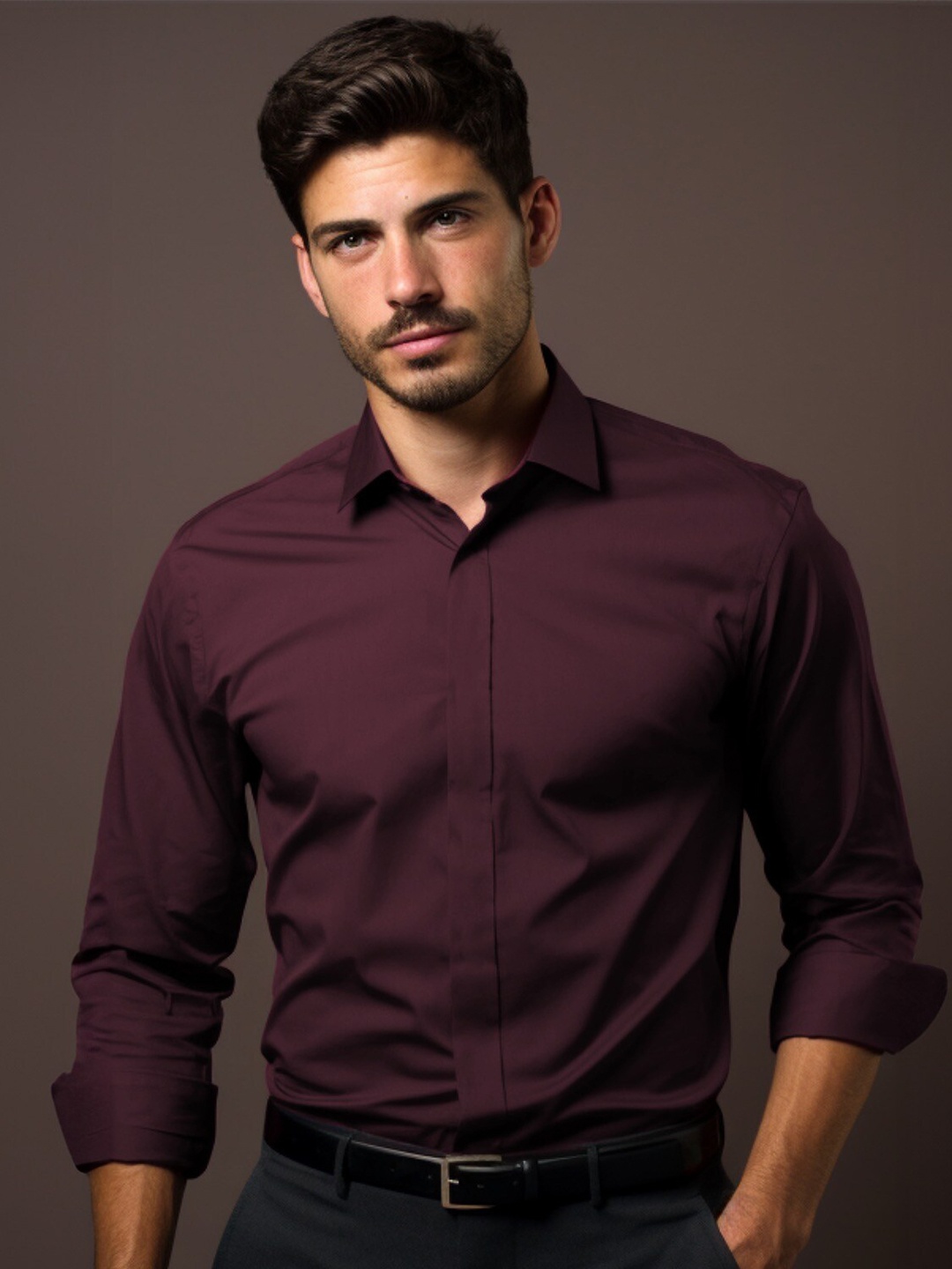 

HE SPOKE Men Smart Tailored Fit Spread Collar Twill Cotton Formal Shirt, Burgundy