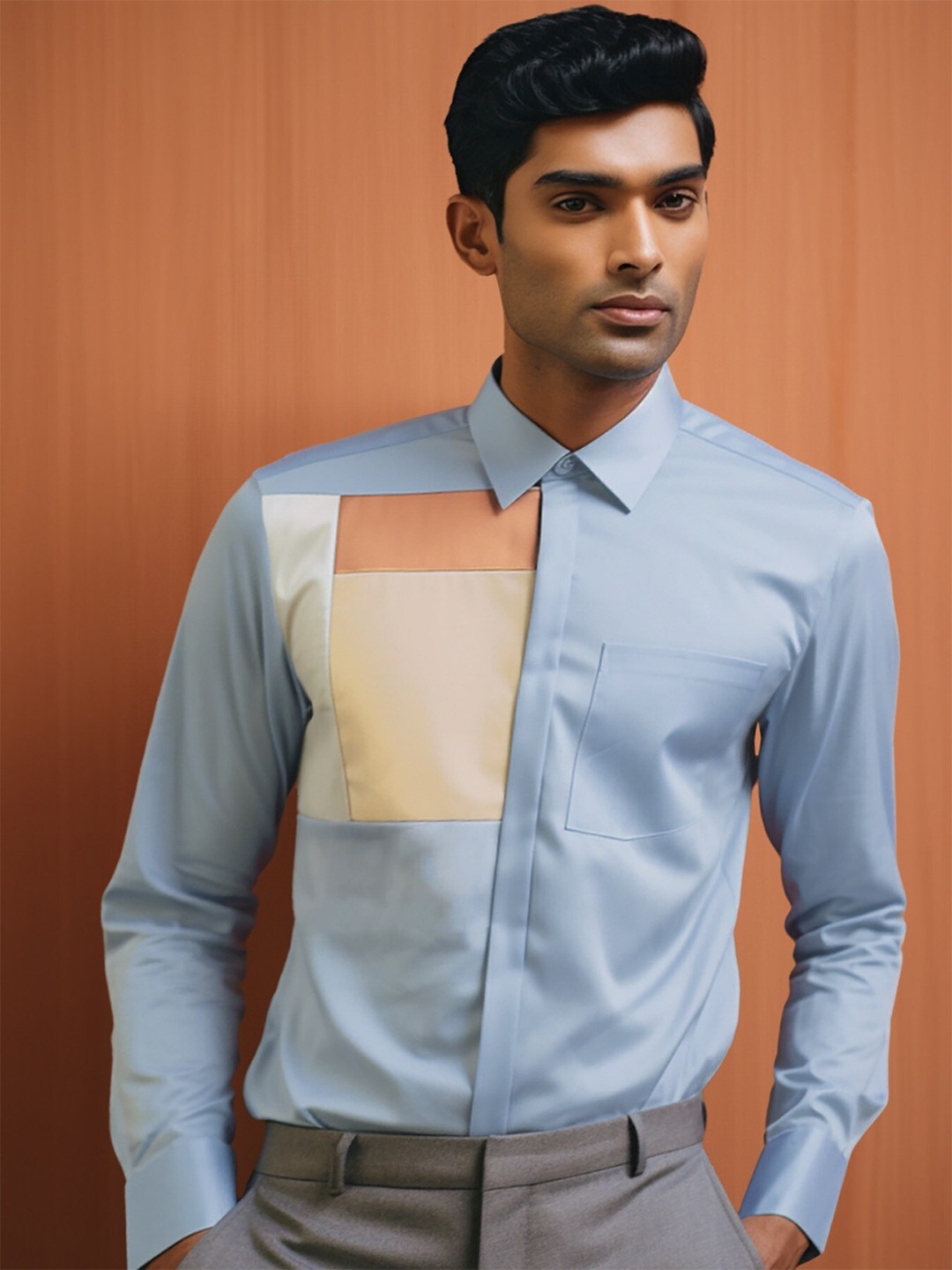 HE SPOKE Smart Tailored Fit Colourblocked Cotton Twill Formal Shirt, Blue
