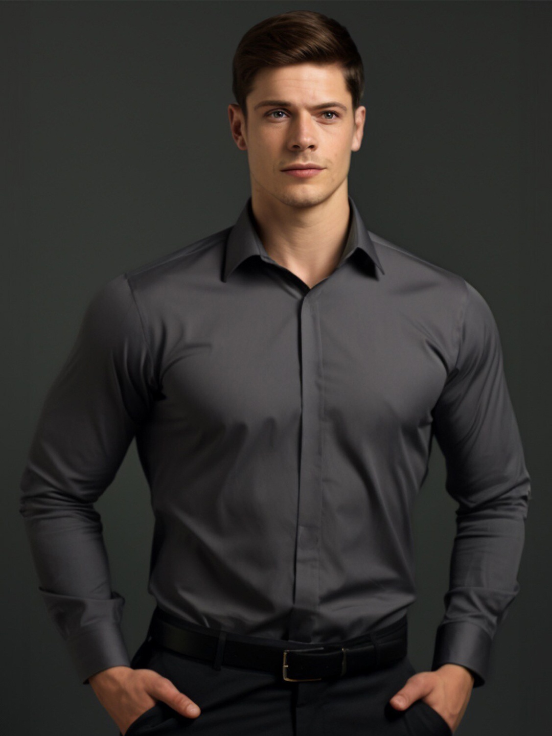 

HE SPOKE Men Smart Tailored Fit Spread Collar Cotton Twill Formal Shirt, Grey