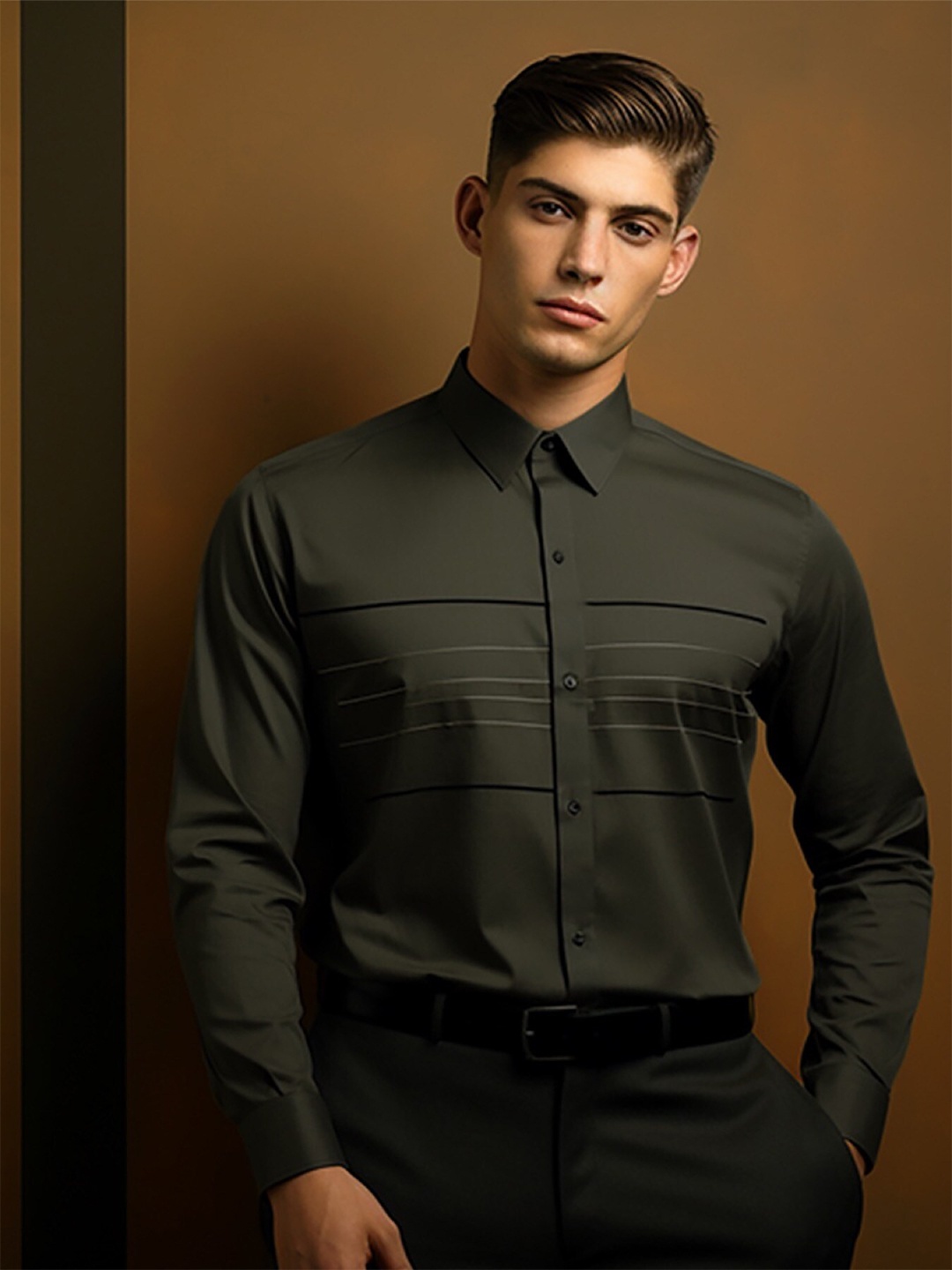 HE SPOKE Men Smart Tailored Fit Spread Collar Cotton Twill Formal Shirt, Olive