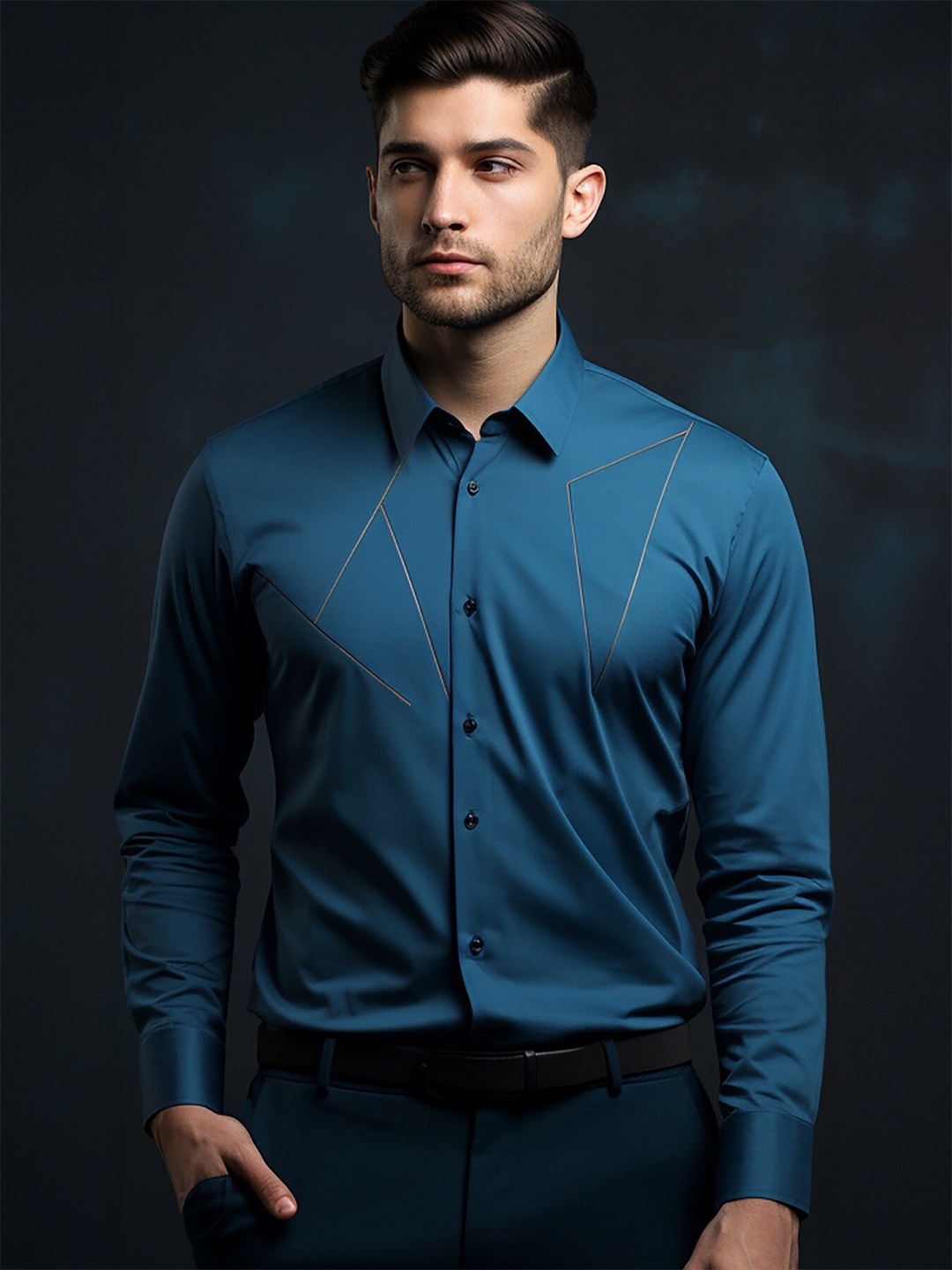 

HE SPOKE Men Smart Tailored Fit Spread Collar Twill Cotton Formal Shirt, Blue