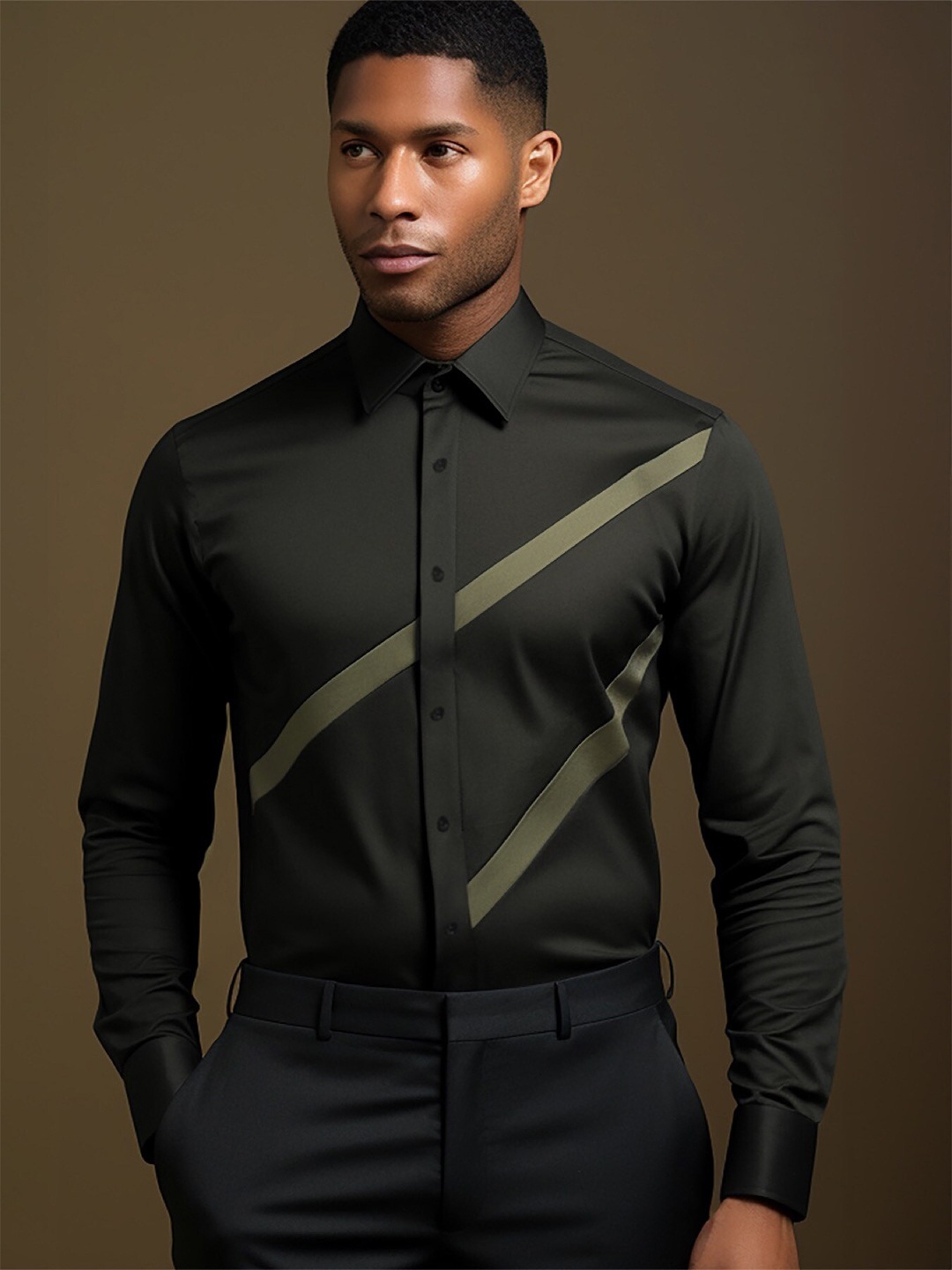 

HE SPOKE Men Smart Tailored Fit Spread Collar Twill Cotton Formal Shirt, Olive