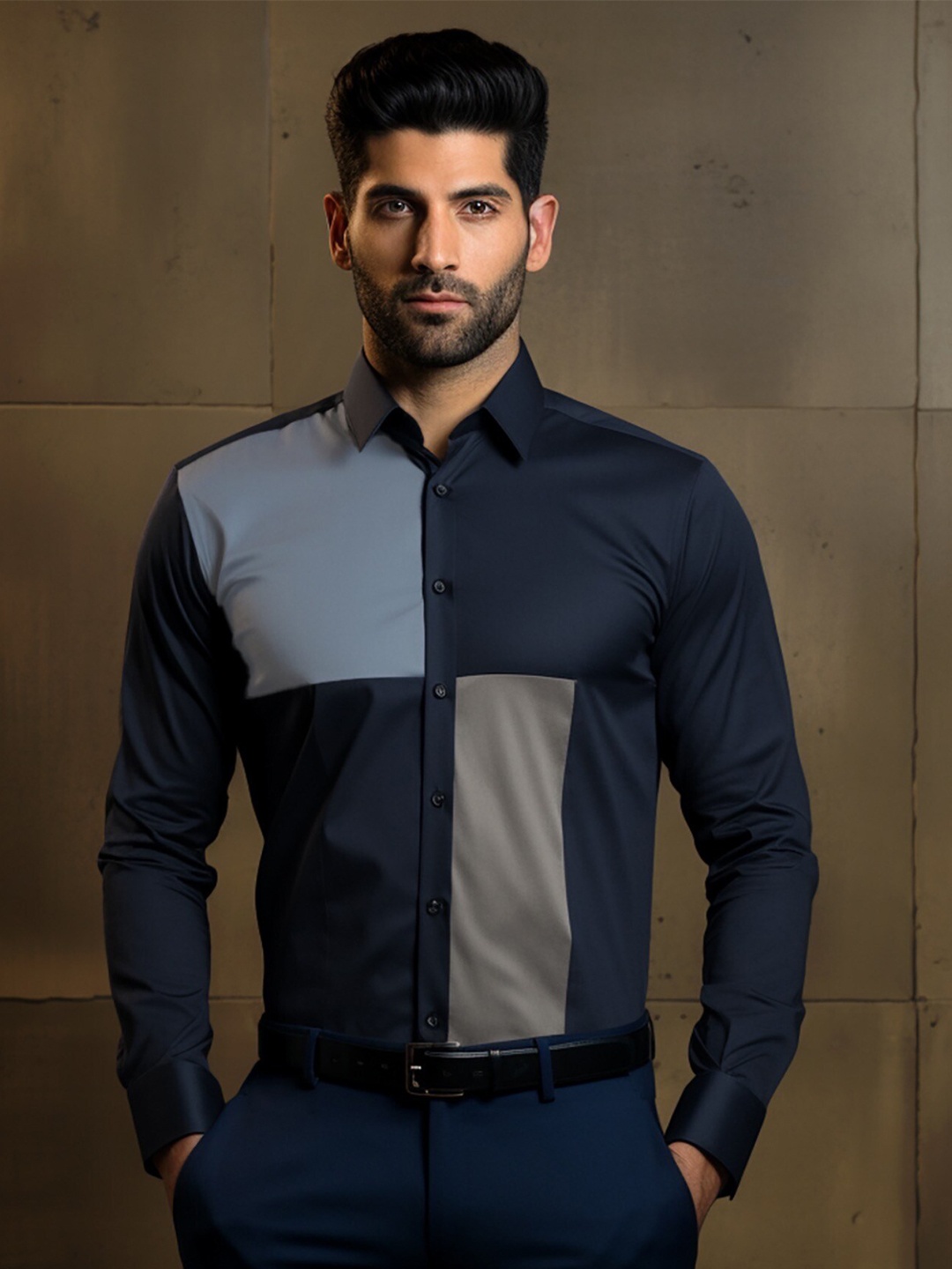 

HE SPOKE Smart Tailored Fit Colourblocked Spread Collar Long Sleeves Cotton Shirt, Navy blue