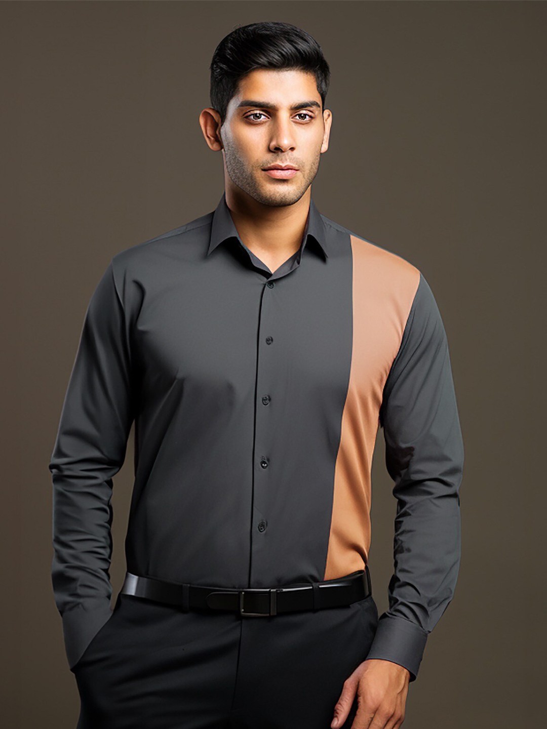 HE SPOKE Smart Tailored Fit Colourblocked Twill Weave Cotton Formal Shirt, Grey