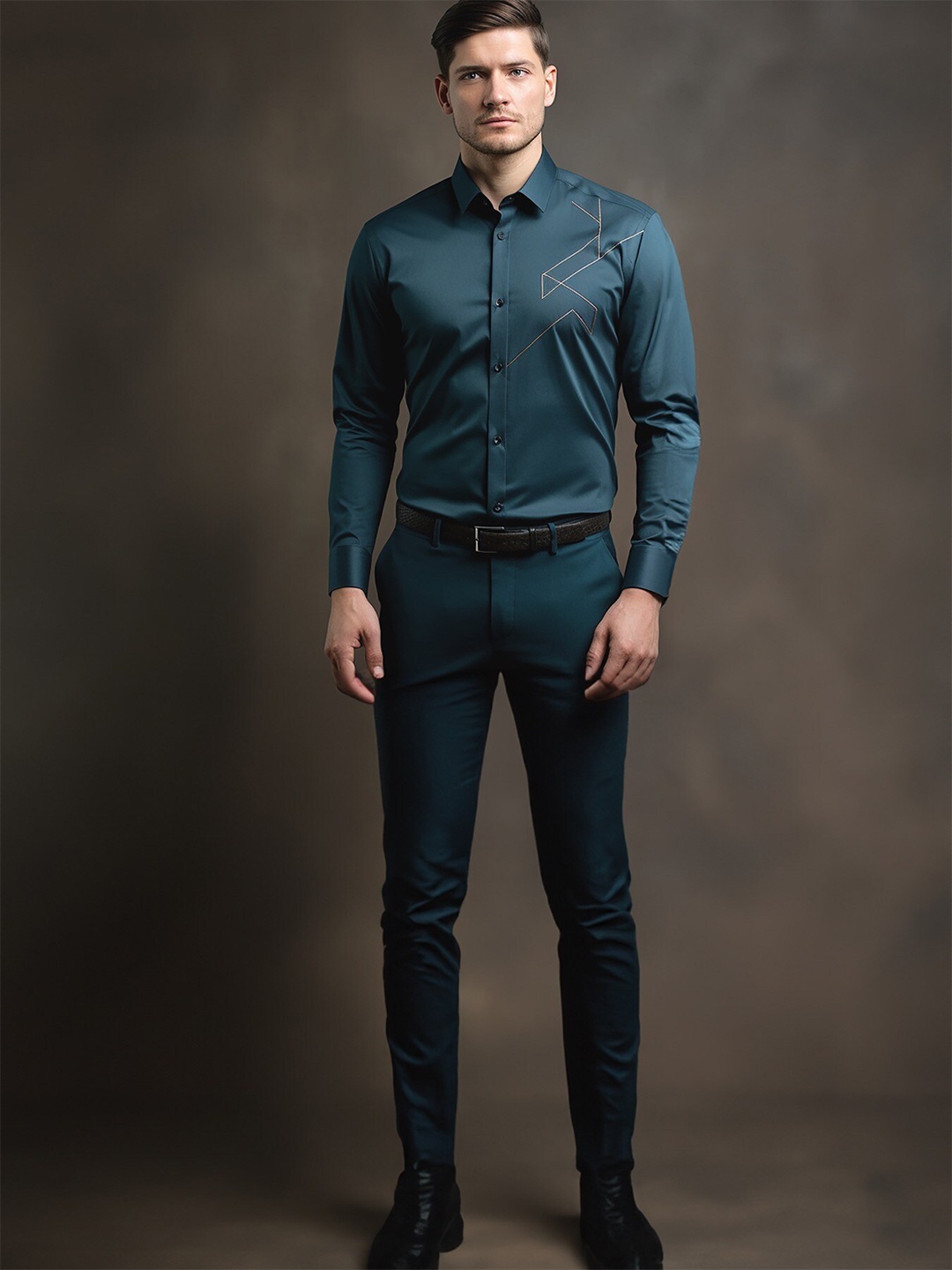 

HE SPOKE Smart Tailored Fit Faded Embroidered Twill Weave Cotton Formal Shirt, Green