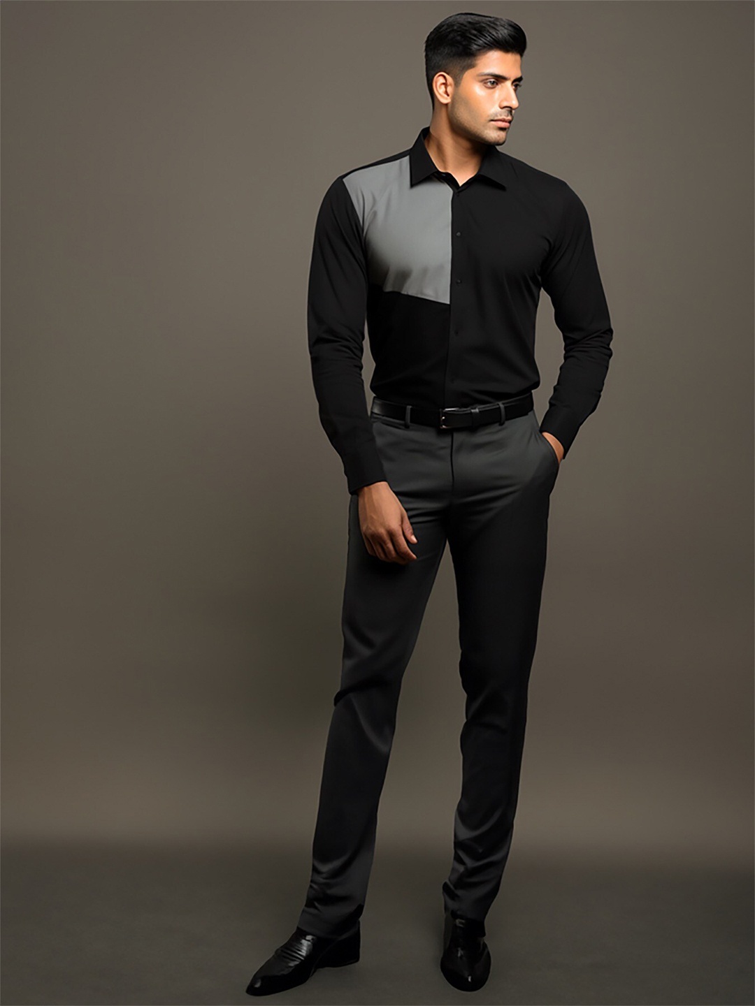 

HE SPOKE Smart Tailored Fit Colourblocked Spread Collar Long Sleeves Cotton Shirt, Black