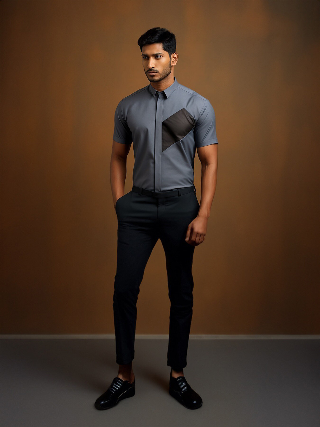 

HE SPOKE Smart Tailored Fit Colourblocked Spread Collar Cotton Shirt, Grey