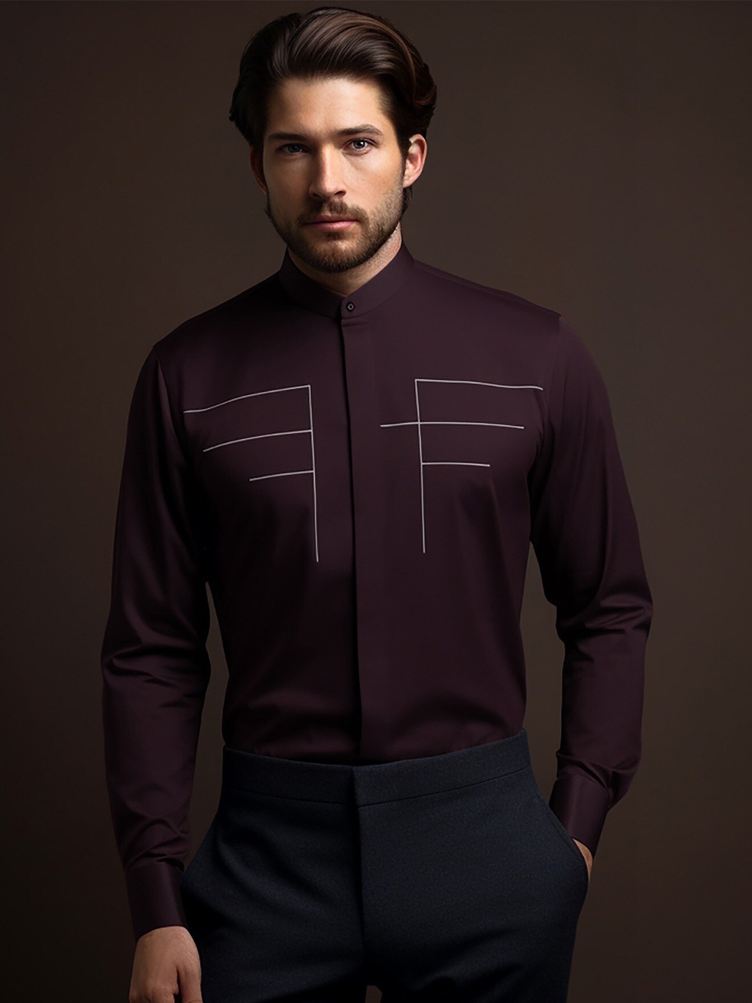 

HE SPOKE Smart Tailored Fit Mandarin Collar Twill Weave Cotton Formal Shirt, Burgundy