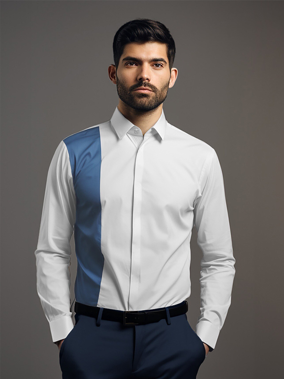 

HE SPOKE Smart Tailored Fit Colourblocked Spread Collar Cotton Formal Shirt, White