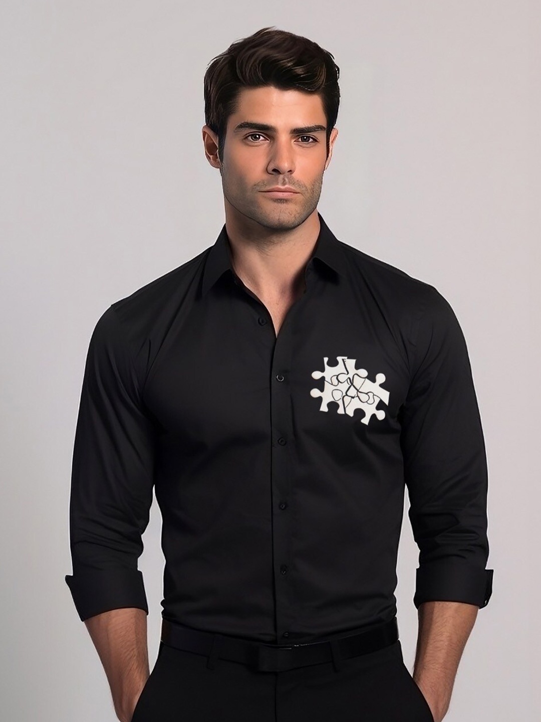 

HE SPOKE Smart Tailored Fit Abstract Printed Twill Weave Cotton Formal Shirt, Black
