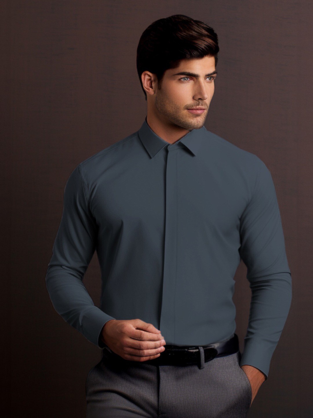 

HE SPOKE Smart Tailored Fit Spread Collar Long Sleeves Cotton Shirt, Grey