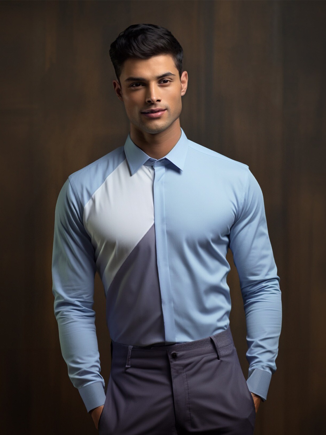 

HE SPOKE Smart Tailored Fit Colourblocked Spread Collar Cotton Formal Shirt, Blue