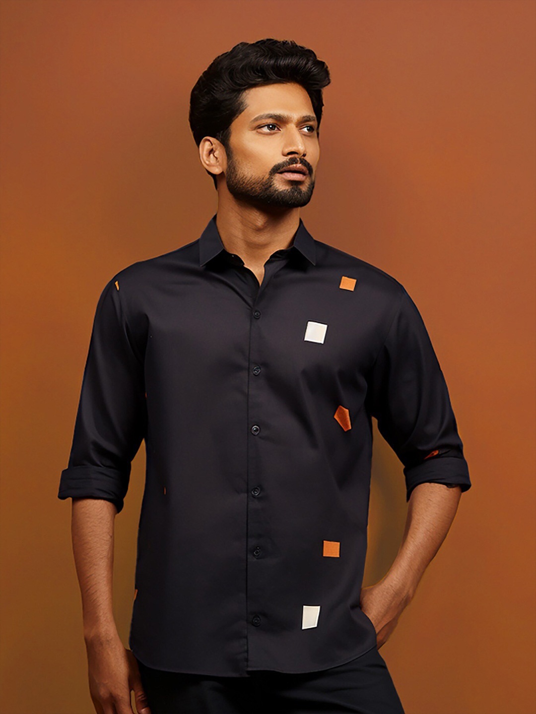 

HE SPOKE Smart Tailored Fit Opaque Cotton Semiformal Shirt, Navy blue