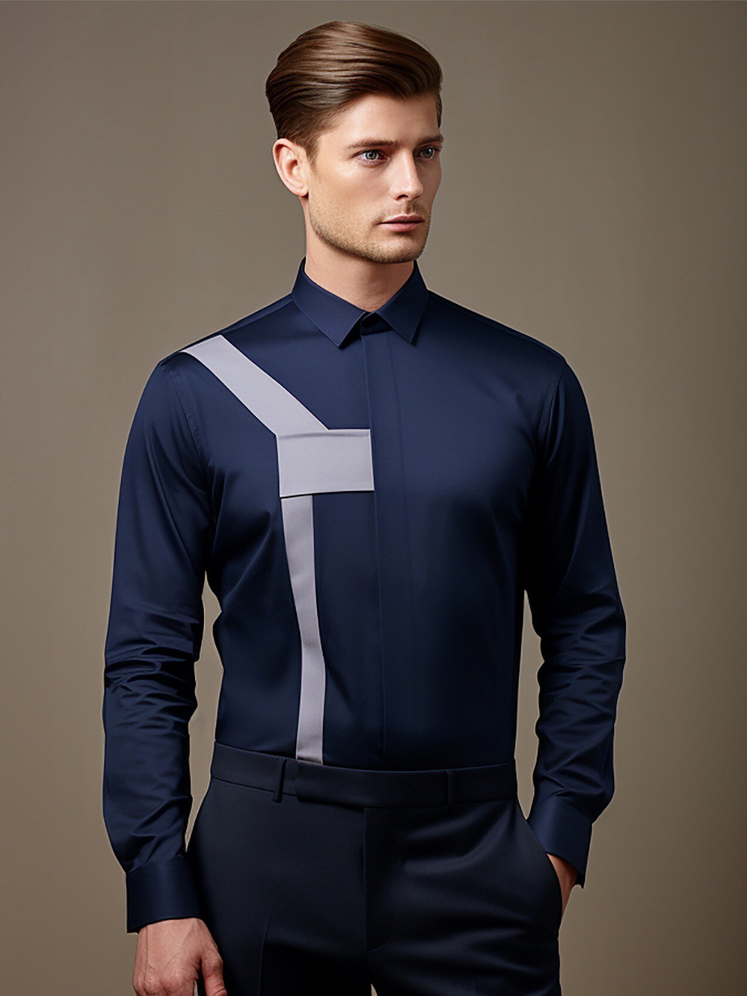 

HE SPOKE Smart Tailored Fit Colourblocked Twill Weave Cotton Formal Shirt, Navy blue