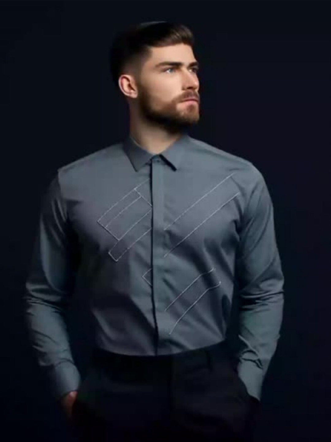 

HE SPOKE Smart Tailored Fit Geometric Embroidered Cotton Formal Shirt, Grey