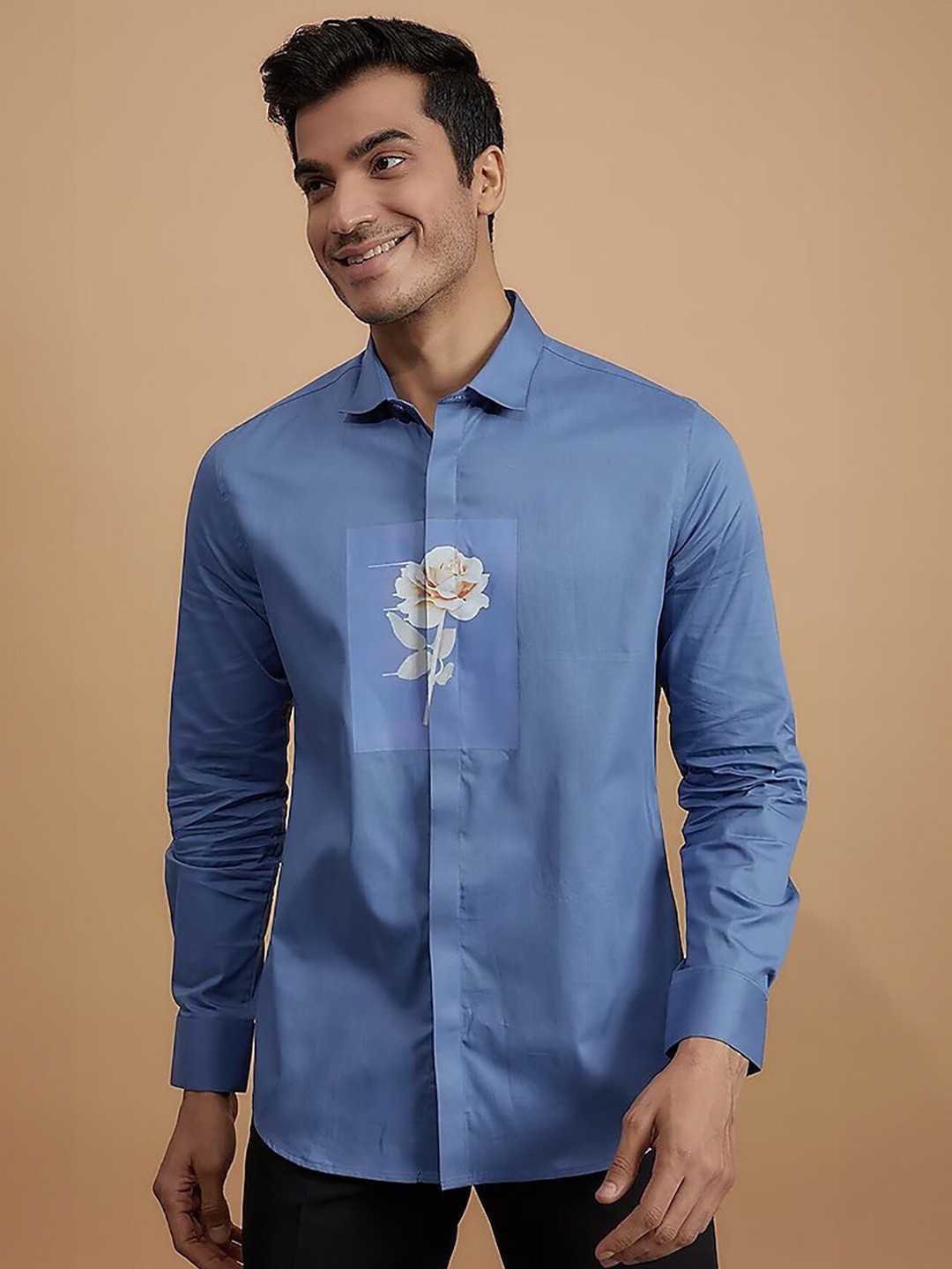 

HE SPOKE Smart Tailored Fit Floral Printed Twill Weave Cotton Formal Shirt, Blue