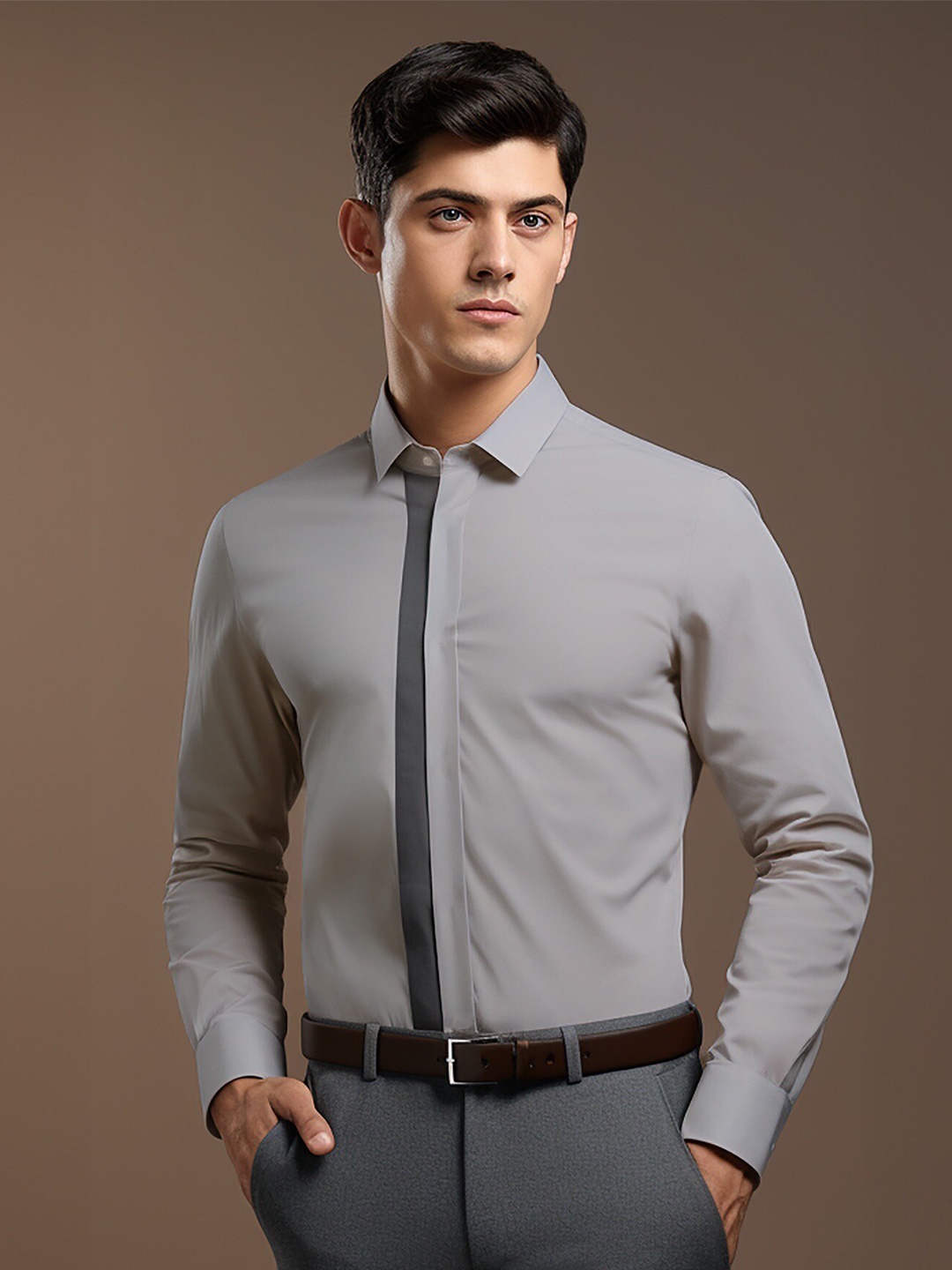 

HE SPOKE Smart Tailored Fit Opaque Cotton Semiformal Shirt, Grey