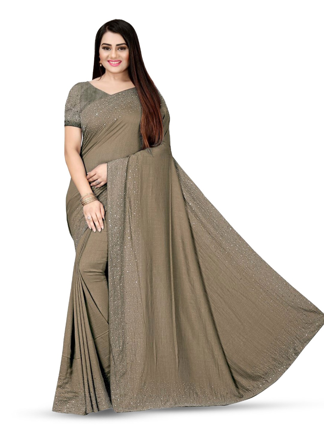 

PUNYATHA CREATION Beads And Stones Embellished Chanderi Saree, Coffee brown