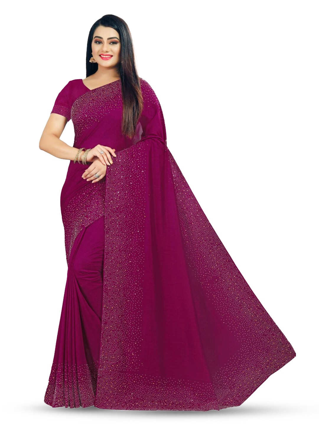 

PUNYATHA CREATION Beads And Stones Embellished Chanderi Saree, Maroon