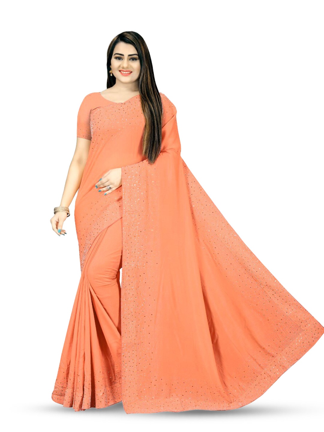 

PUNYATHA CREATION Beads And Stones Embellished Chanderi Saree, Rust