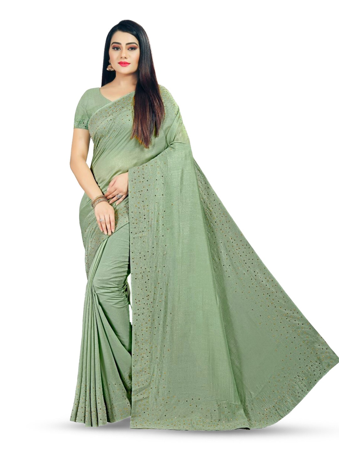 

PUNYATHA CREATION Beads And Stones Embellished Chanderi Saree, Olive