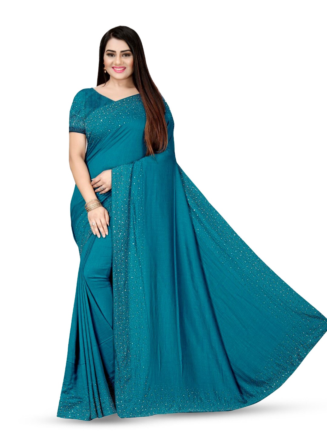 

PUNYATHA CREATION Beads And Stones Embellished Chanderi Saree, Teal