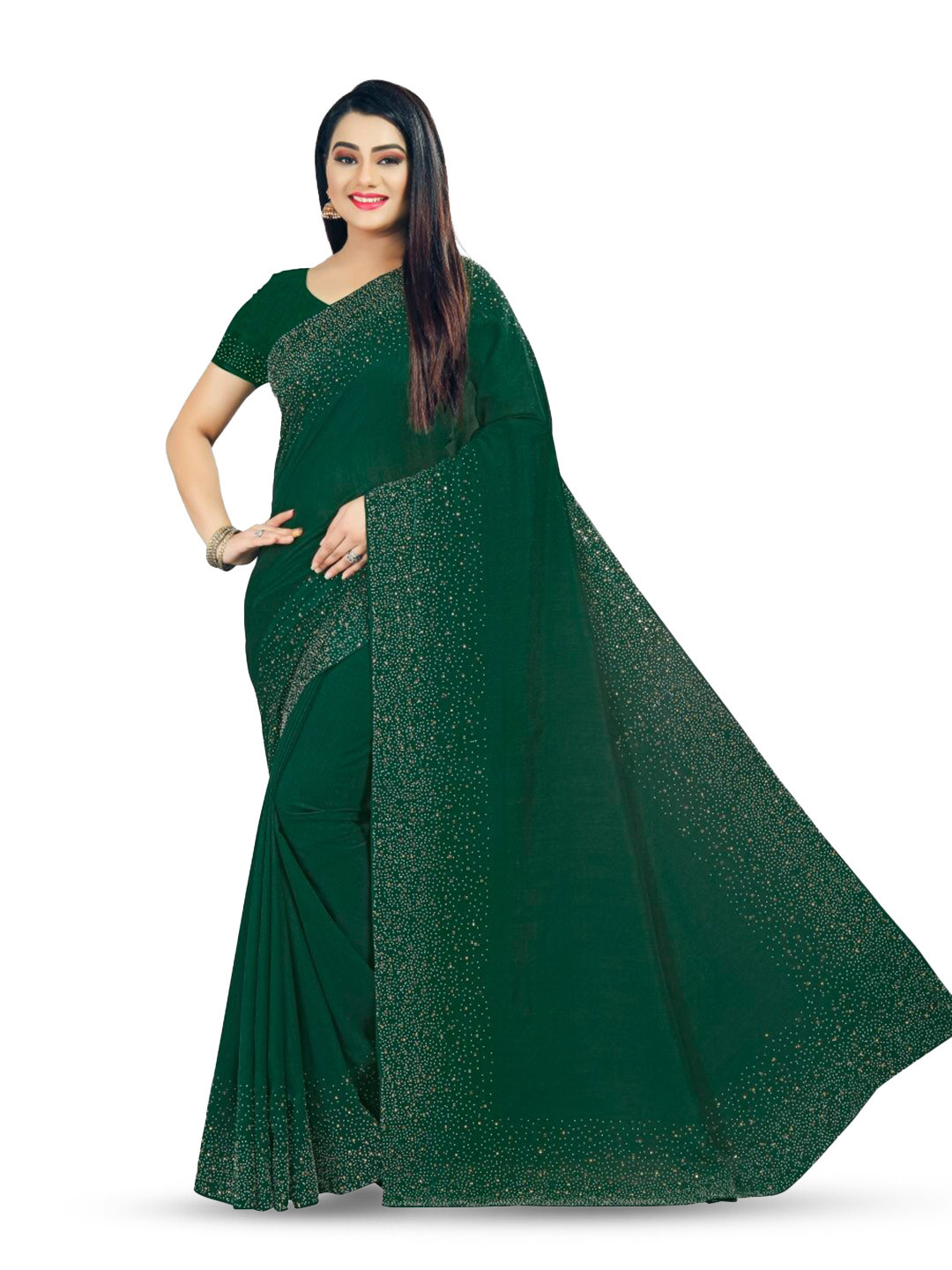 

PUNYATHA CREATION Beads And Stones Embellished Chanderi Saree, Green