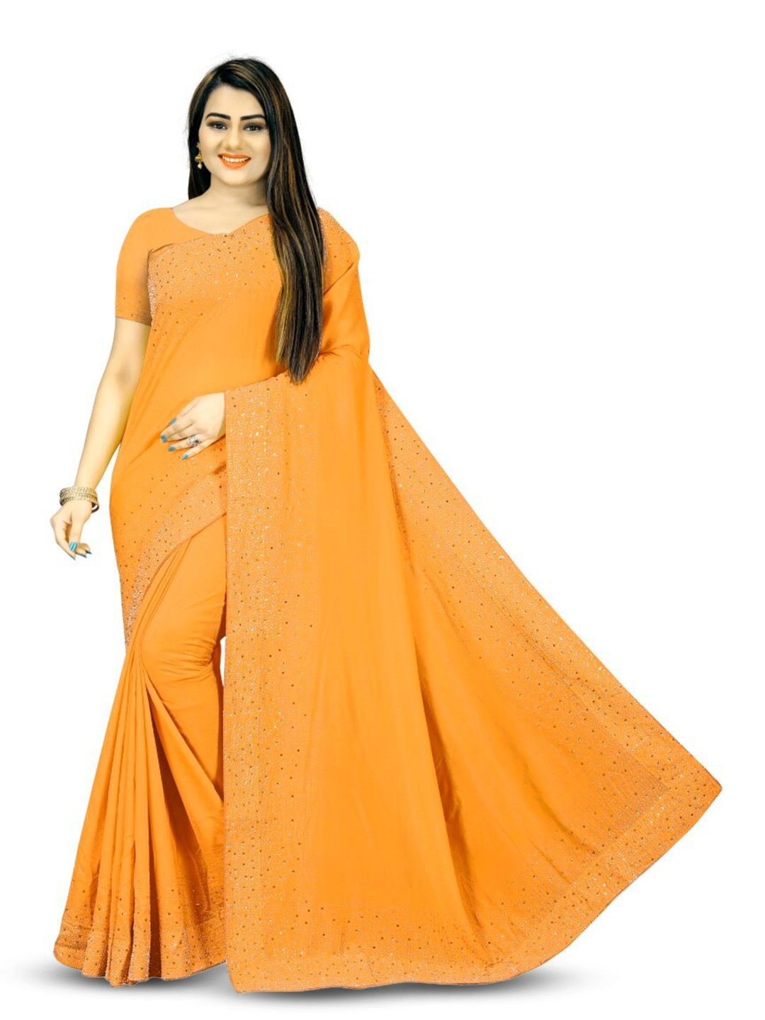 

PUNYATHA CREATION Beads And Stones Embellished Chanderi Saree, Mustard