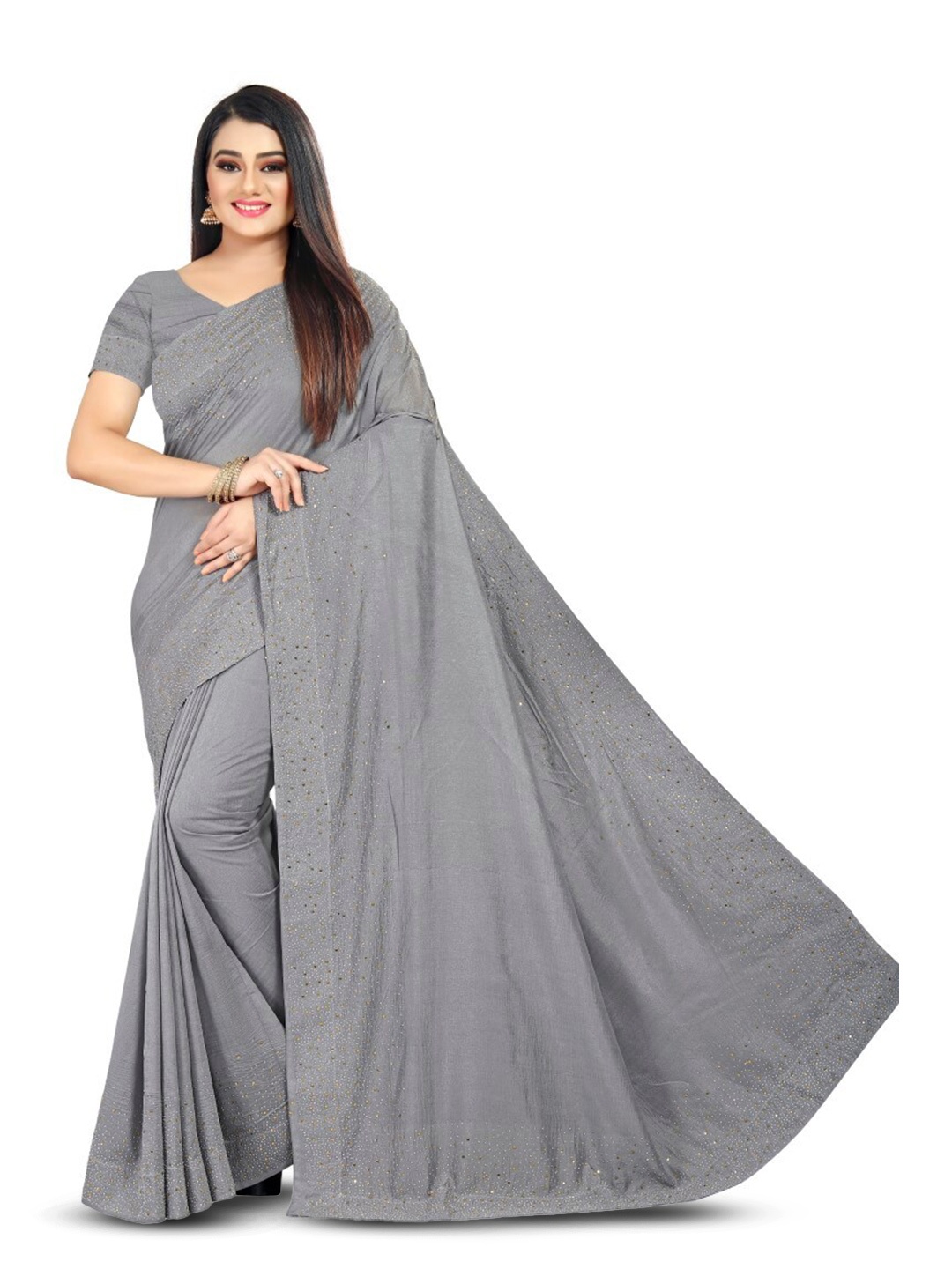 

PUNYATHA CREATION Beads And Stones Embellished Chanderi Saree, Grey