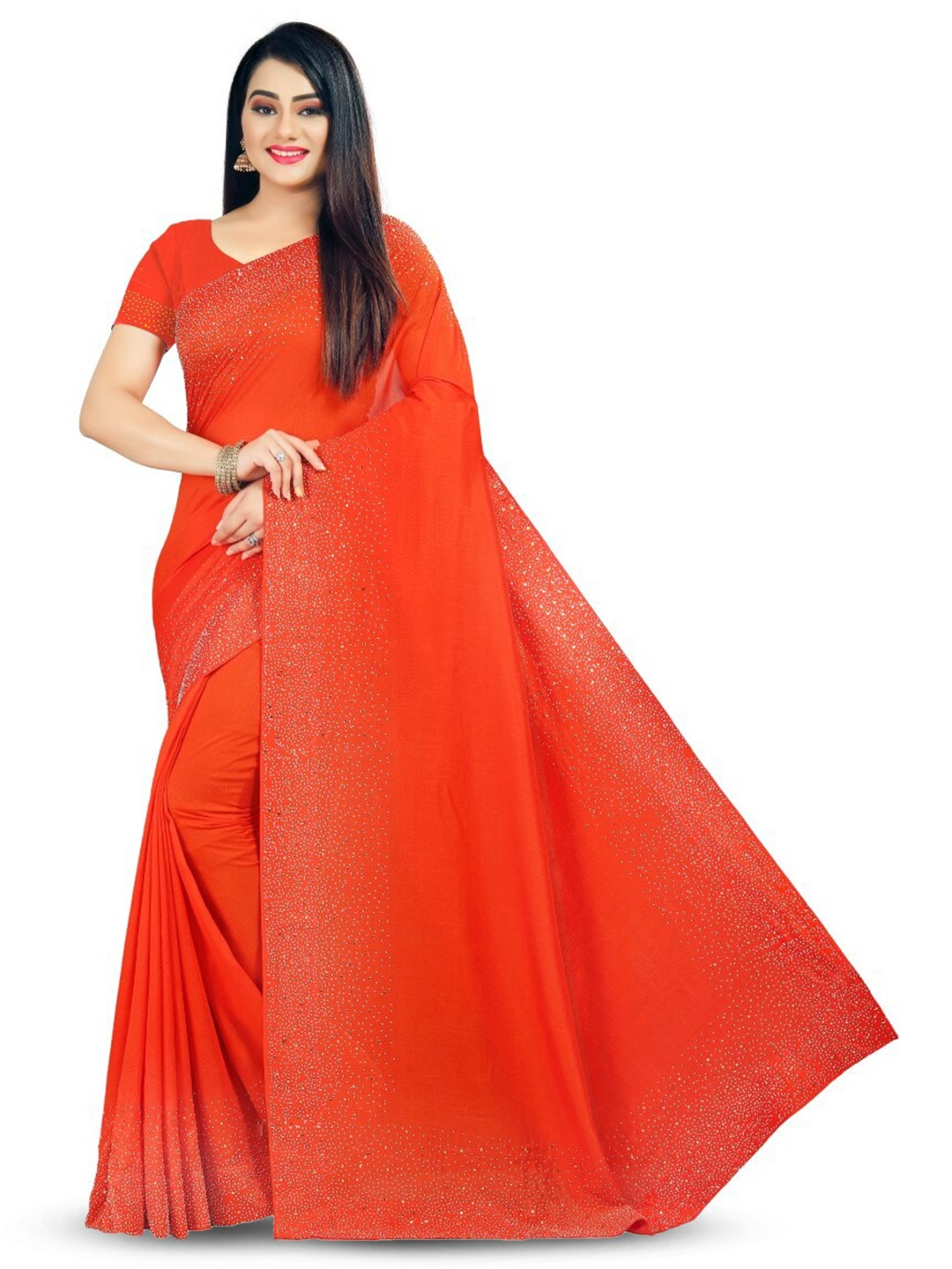 

PUNYATHA CREATION Beads And Stones Embellished Chanderi Saree, Orange