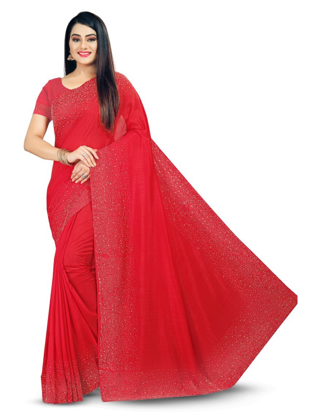 

PUNYATHA CREATION Beads And Stones Embellished Chanderi Saree, Red