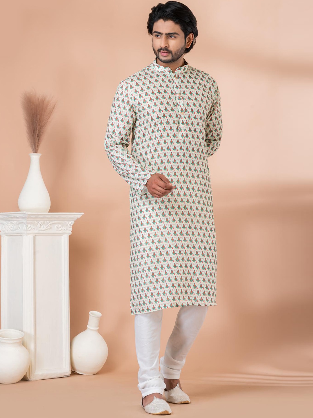 

ROOTED LIBAAS Floral Printed Mandarin Collar Straight Kurta With Pyjamas, White