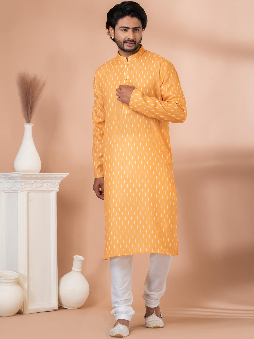 

ROOTED LIBAAS Geometric Printed Mandarin Collar Straight Kurta With Pyjamas, Yellow