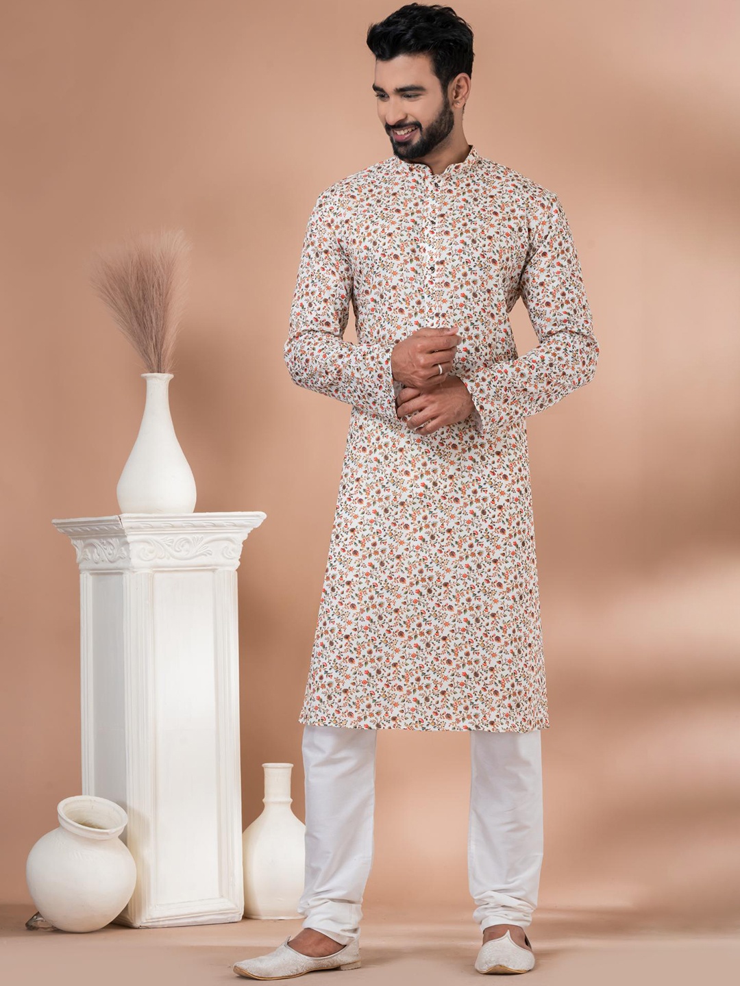 

ROOTED LIBAAS Floral Printed Cotton Straight Kurta with Pyjamas, White