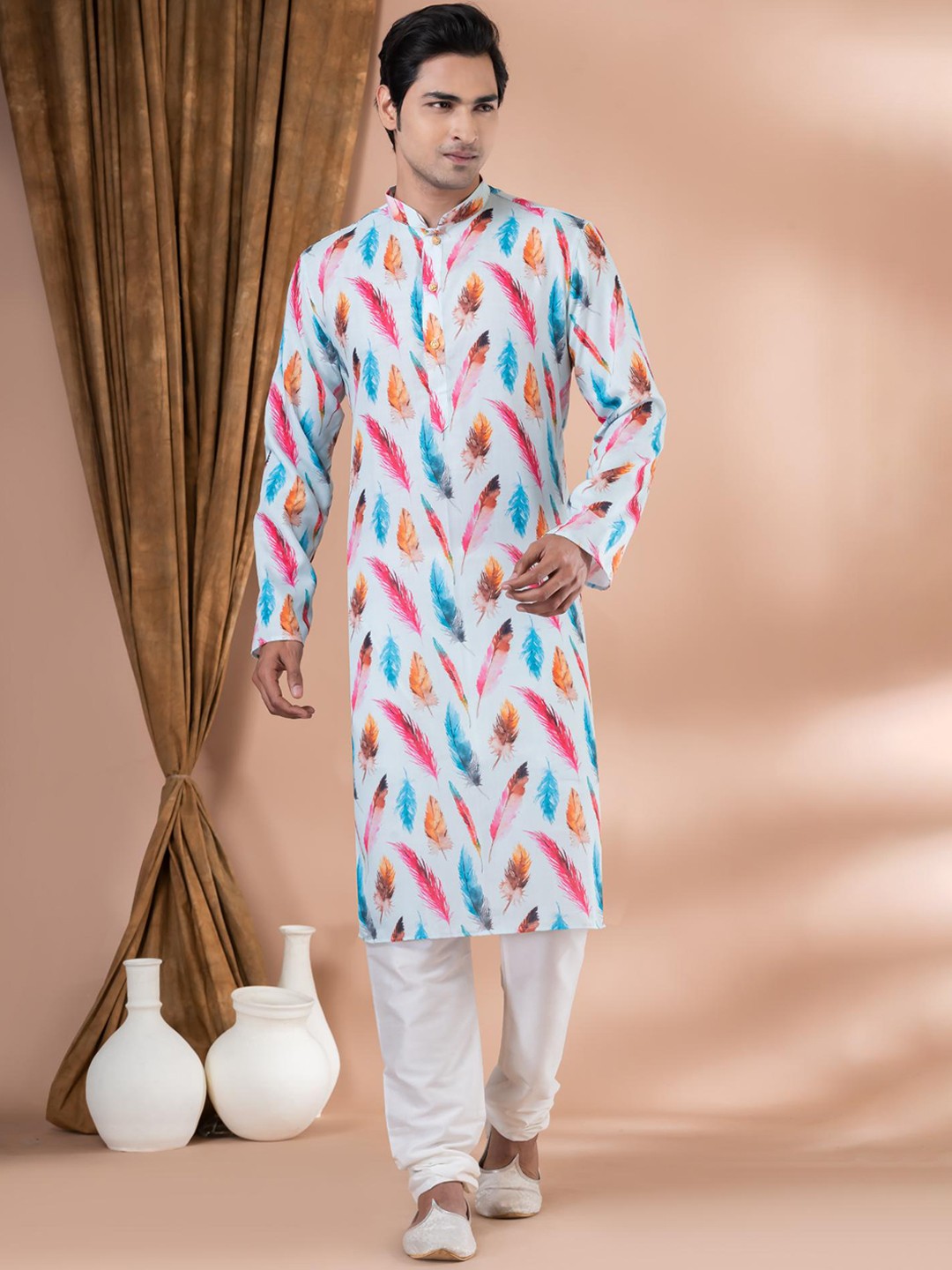 

ROOTED LIBAAS Geometric Printed Mandarin Collar Straight Kurta With Pyjamas, White