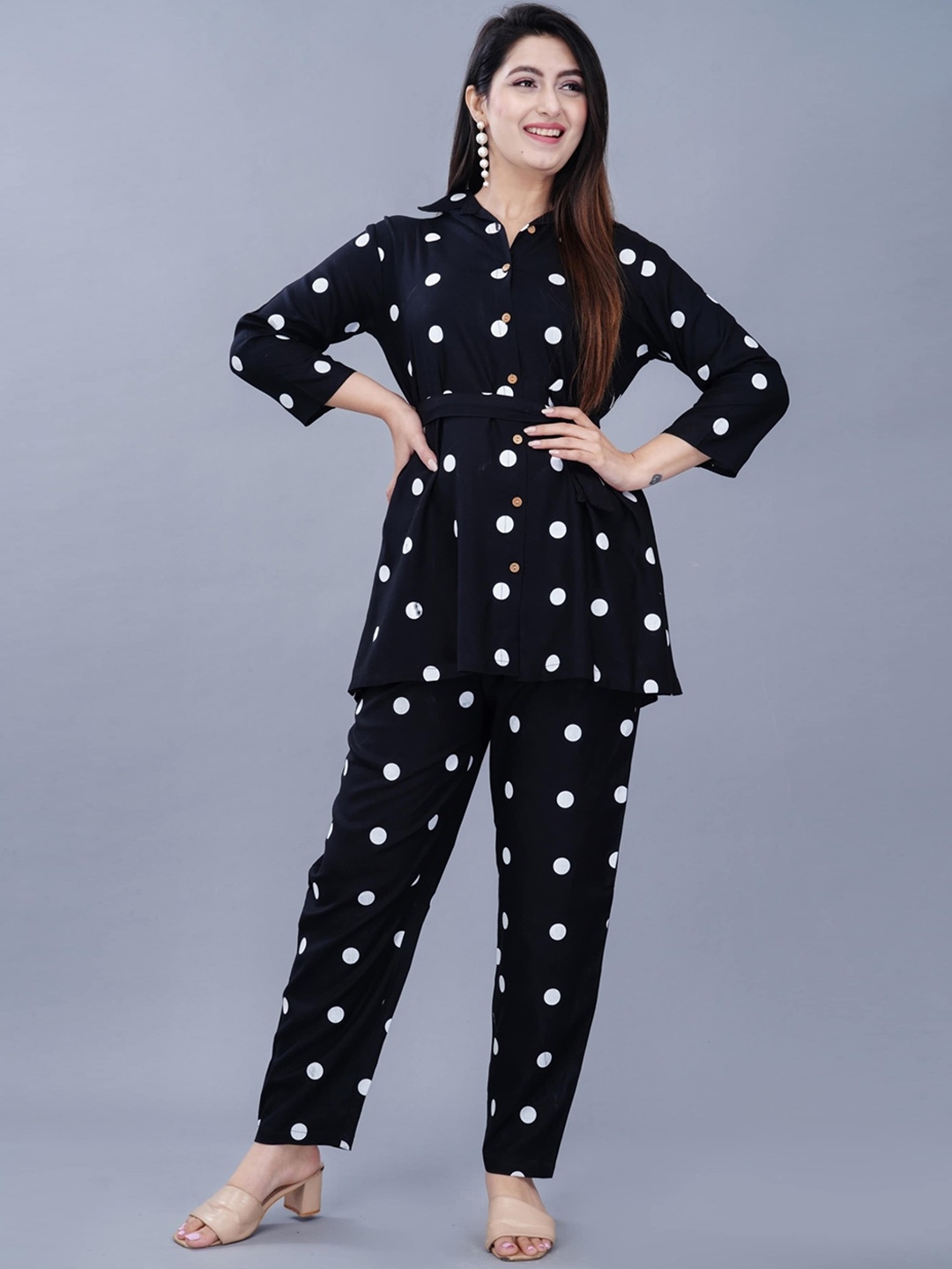 

ao services Polka Dot Printed Shirt Collar A-Line Kurti With Palazzos, Black