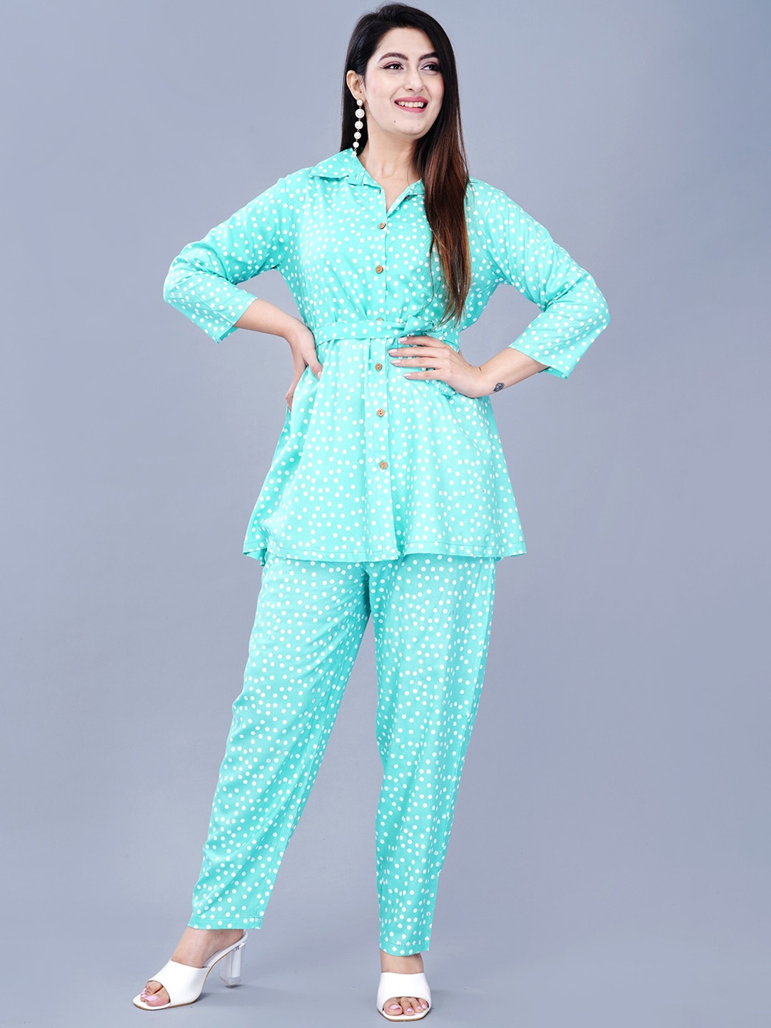 

ao services Polka Dot Print Shirt Collar Co-Ords Set, Turquoise blue