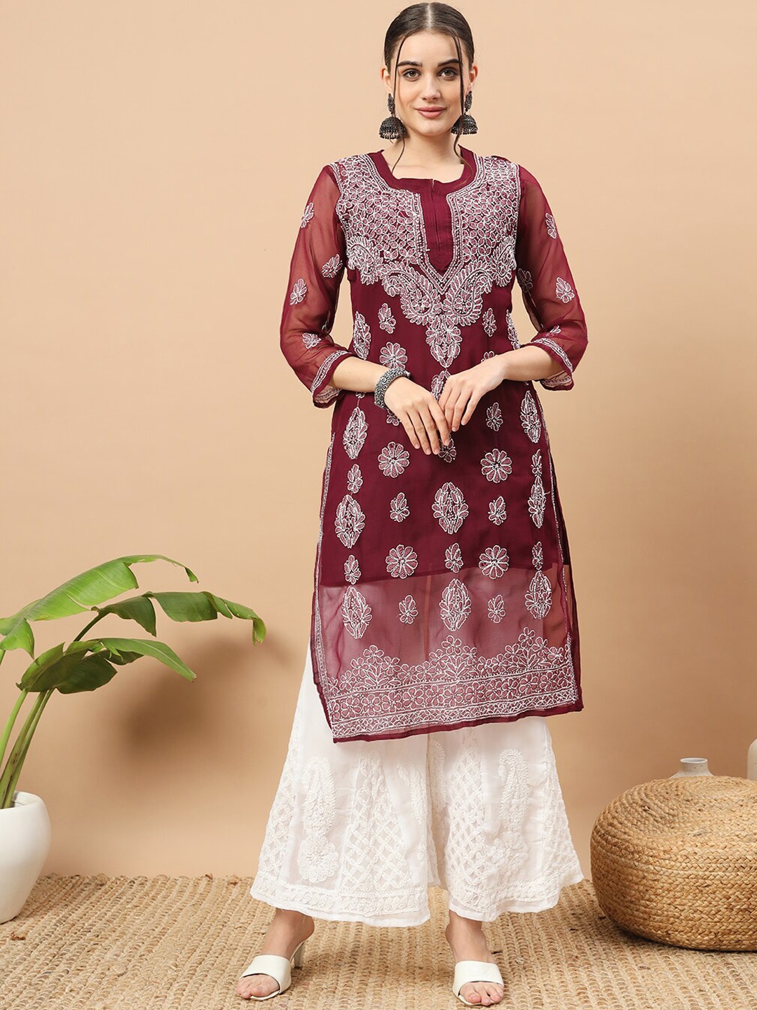 

Ethnava Ethnic Motifs Embroidered Regular Chikankari Straight Kurta with Palazzos, Maroon