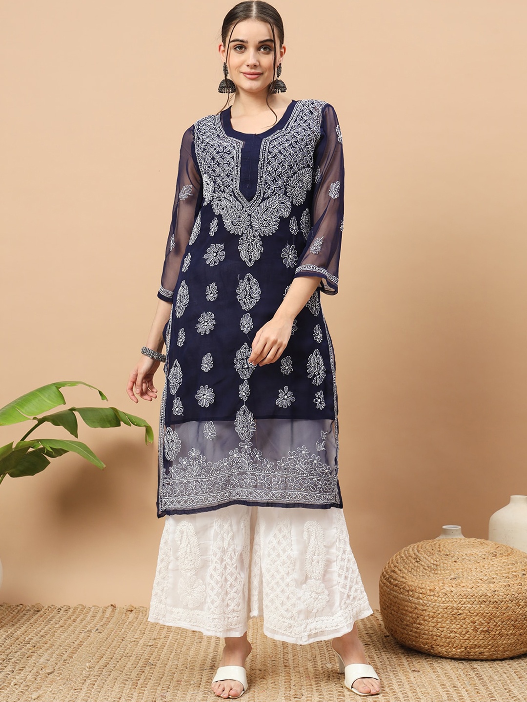 

Ethnava Ethnic Motifs Embroidered Chikankari Straight Kurta with Palazzos, Navy blue